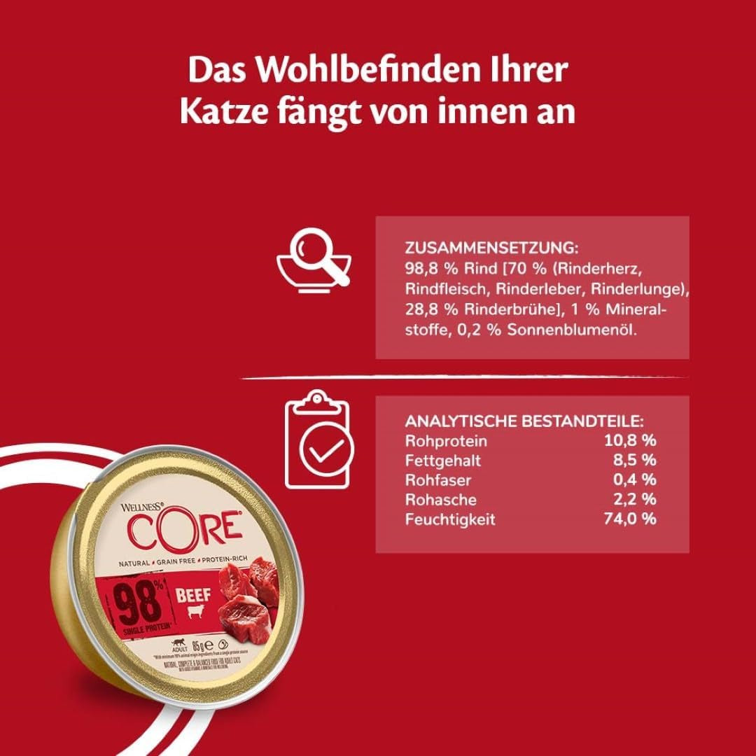 Wellness CORE 98% 12 x 85g, Manzo - Cibo umido per gatti, patè denso, senza cereali, naturale, ipoallergenico, ricco di proteine, ricco di carne