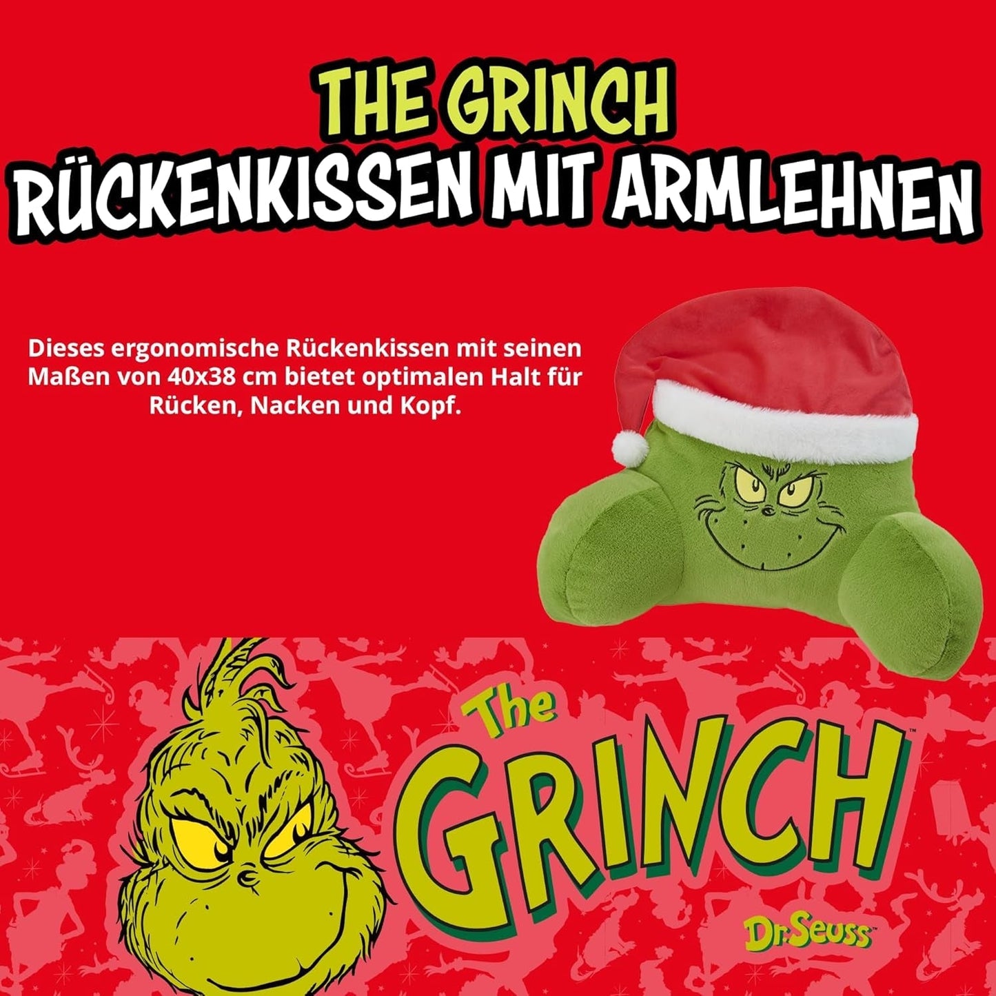 Cuscino Grinch - Cuscino per la Schiena per Letto e Divano, Supporto per la Schiena con Braccioli, Cuscino da Lettura per Schiena, Collo e Testa, Verde, 40 x 38 cm