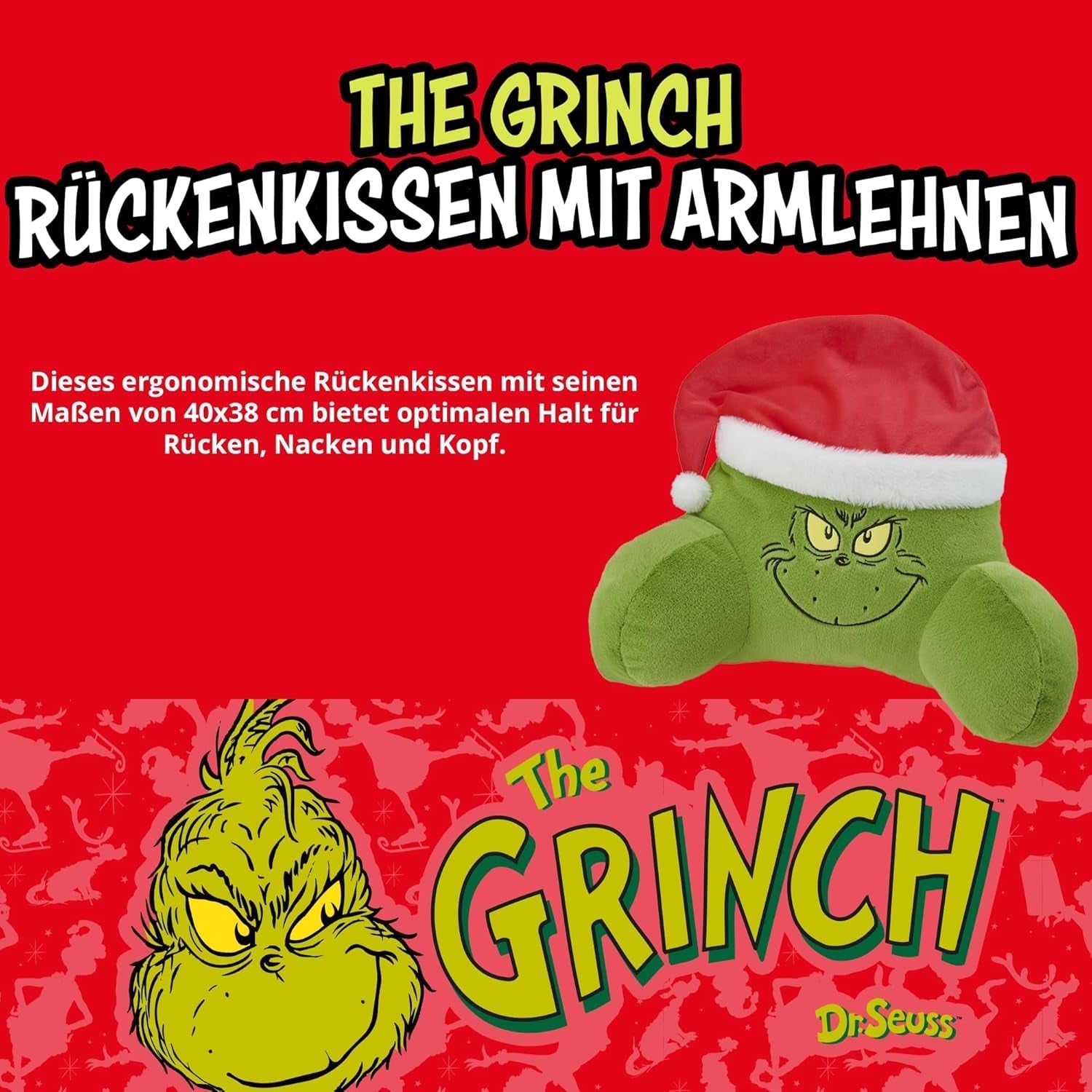 Cuscino Grinch - Cuscino per la Schiena per Letto e Divano, Supporto per la Schiena con Braccioli, Cuscino da Lettura per Schiena, Collo e Testa, Verde, 40 x 38 cm