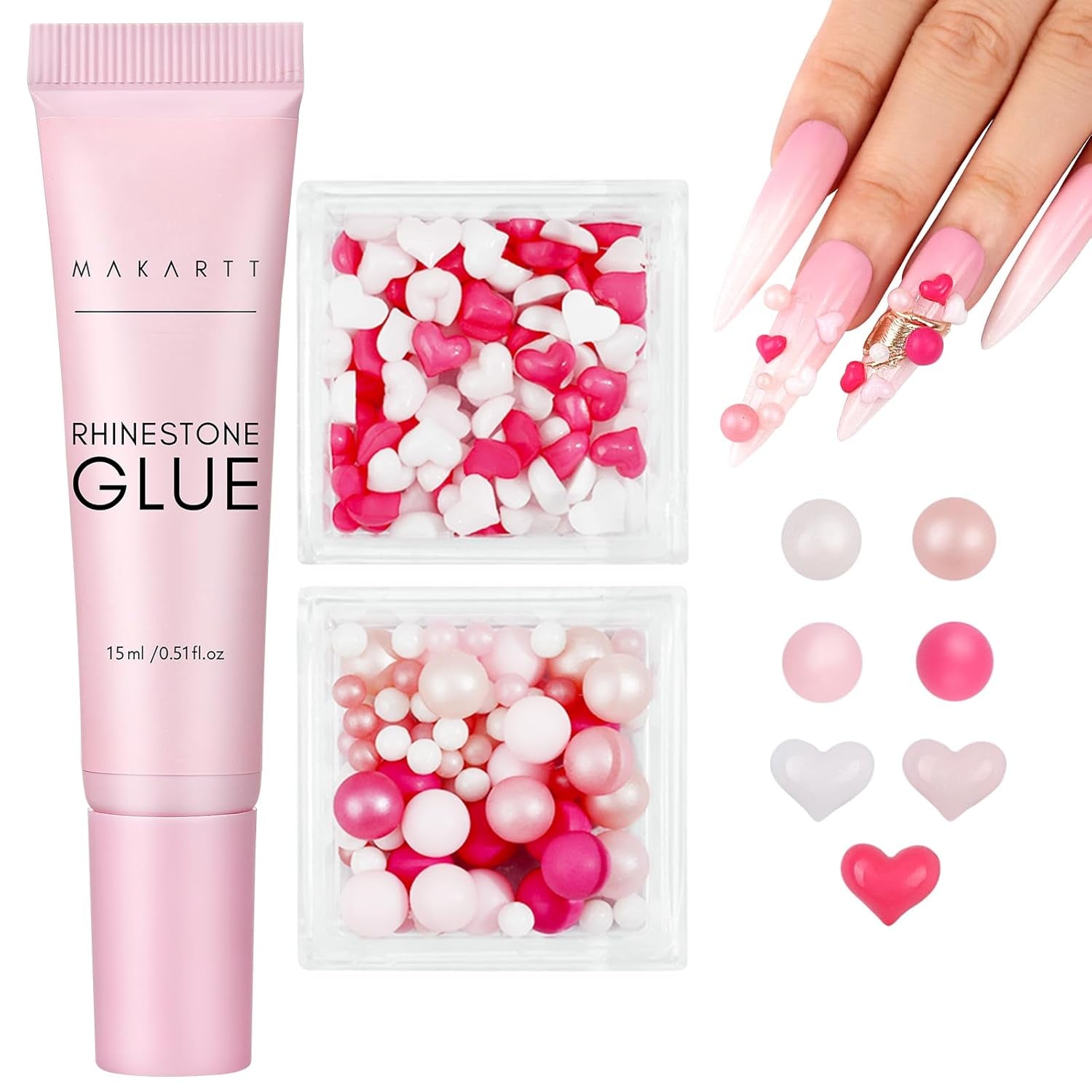 Makartt Gel adesivo per strass - Set di colla UV per unghie da 15 ml con ciondoli per unghie rosa Cuore Cerchio Gioielli per unghie e accessori per design delle unghie per manicure domestica Regalo di San Valentino