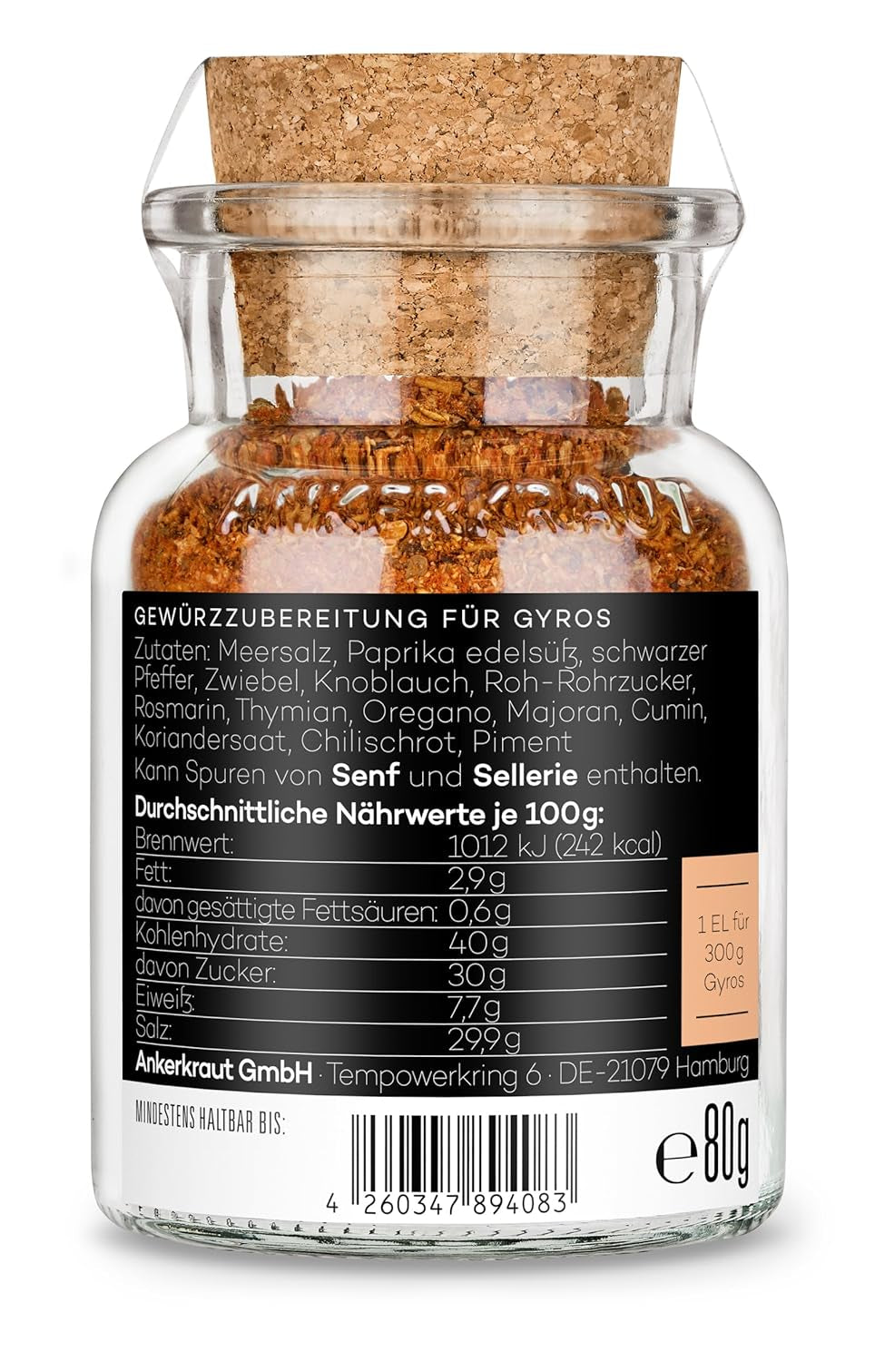 Ankerkraut Gyros, Gewürzmischung für Gyros, egal ob aus der Pfanne oder vom Grill, mit Zwiebel, Knoblauch, Maggiorana, Cumino, Pimento e altro, 80 g in Korkenglas