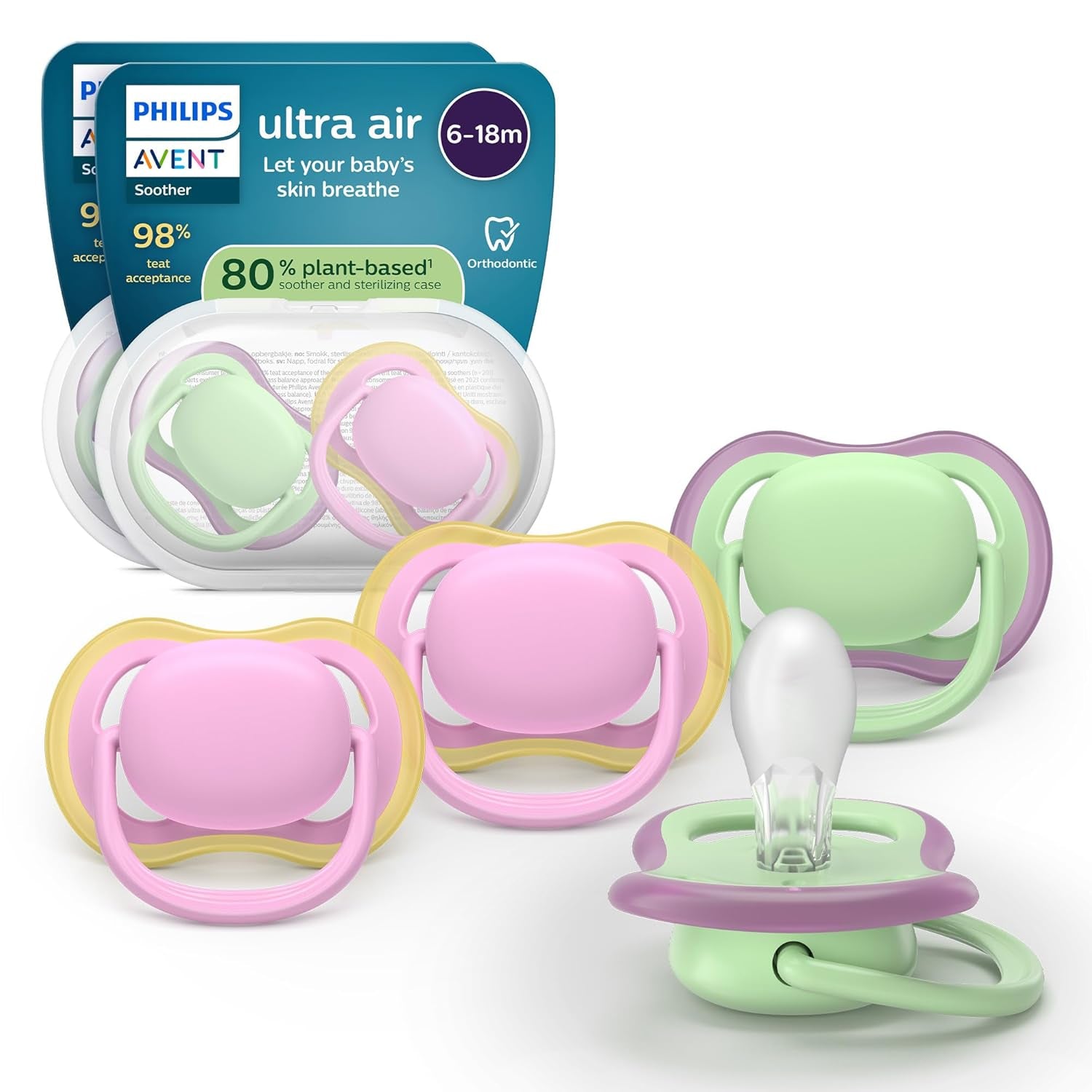 Succhietti Philips AVENT ultra air - confezione da 4 succhietti traspiranti senza BPA per bambini 6-18 mesi, inclusa custodia per il trasporto e sterilizzazione, modello tartaruga/balena (modello SCF085/66)