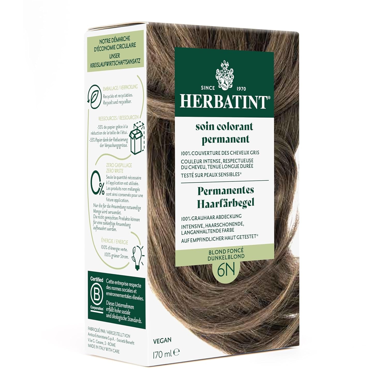 Gel tintura permanente per capelli 6N Biondo scuro - 170 ml I Senza ammoniaca, copertura al 100% dei capelli bianchi I Testato su pelle sensibile, con 8 estratti vegetali Tintura per capelli Naty Shop 6N Biondo scuro