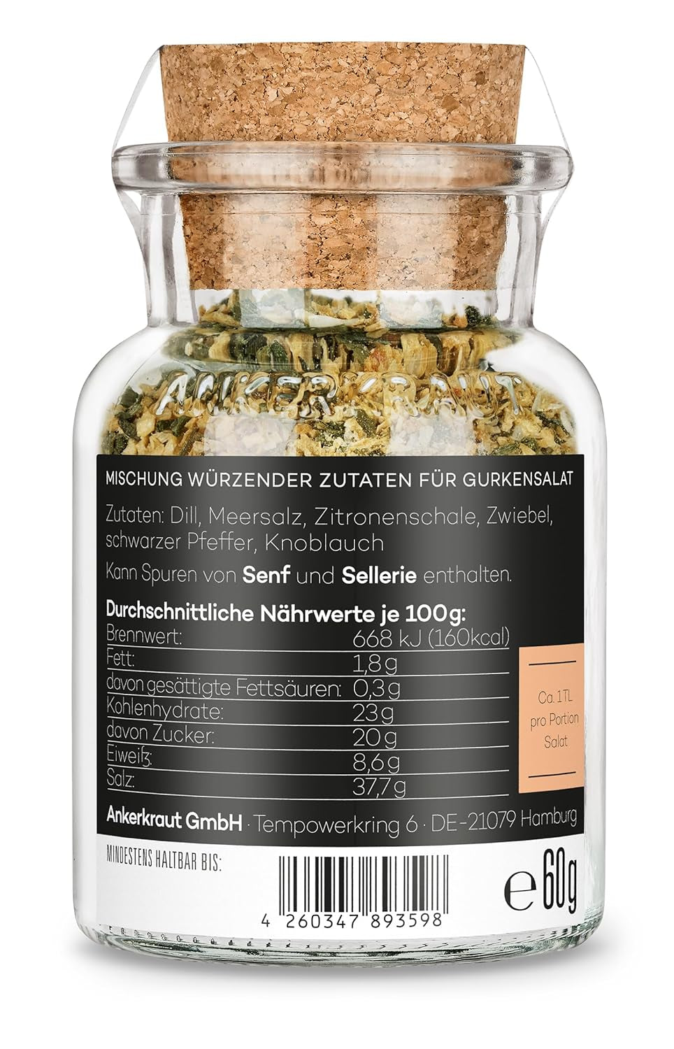 Ankerkraut Gurkensalat, 60 g in un bicchiere di sughero, Würze Gherken-Salat Ganz Einfach, Zuckerfrei und Ohne Gesmackverstärker, Mischung würzender Ingredient für Salat