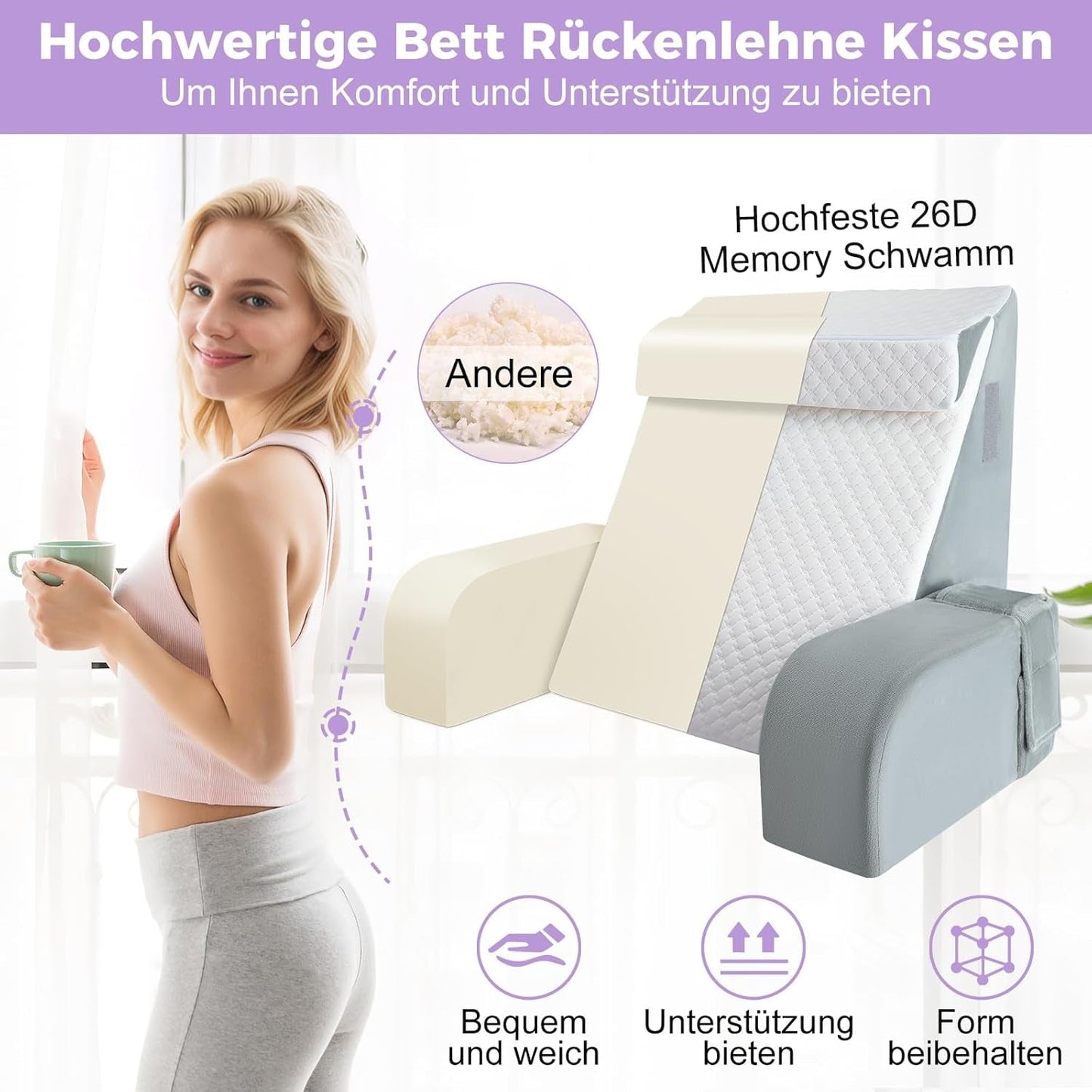 Grande cuscino da lettura con maniglia, schiuma ad alta densità, cuscino ergonomico per la schiena, braccioli, supporto per il collo e poggiatesta, cuscino del sedile reclinabile per dormire, giocare, guardare la TV, per letto e divano