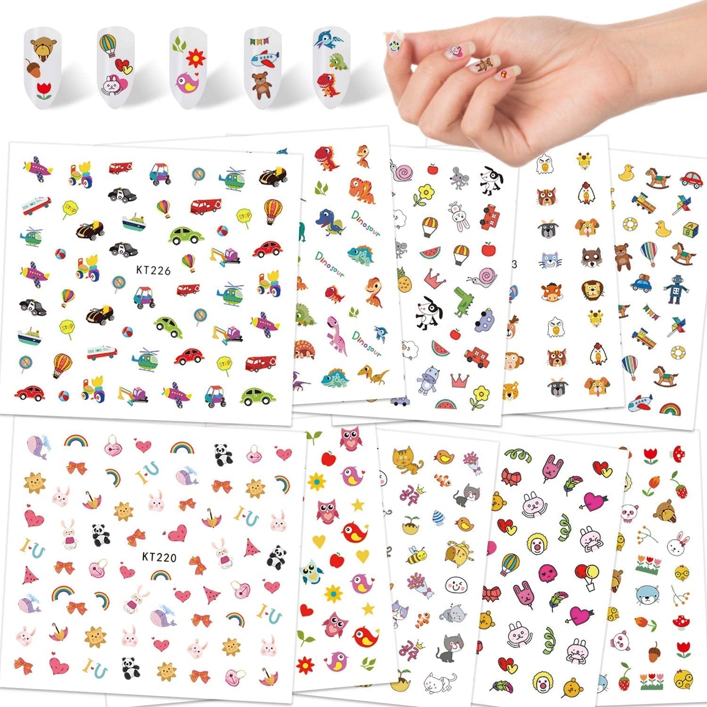 Adesivi per unghie per bambine e ragazze Oltre 600 disegni Animali Frutta Dinosauri Automobili Fiori Adesivi per unghie autoadesivi 3D per bambini Festa di compleanno Tè Salone di bellezza e regalo Spa