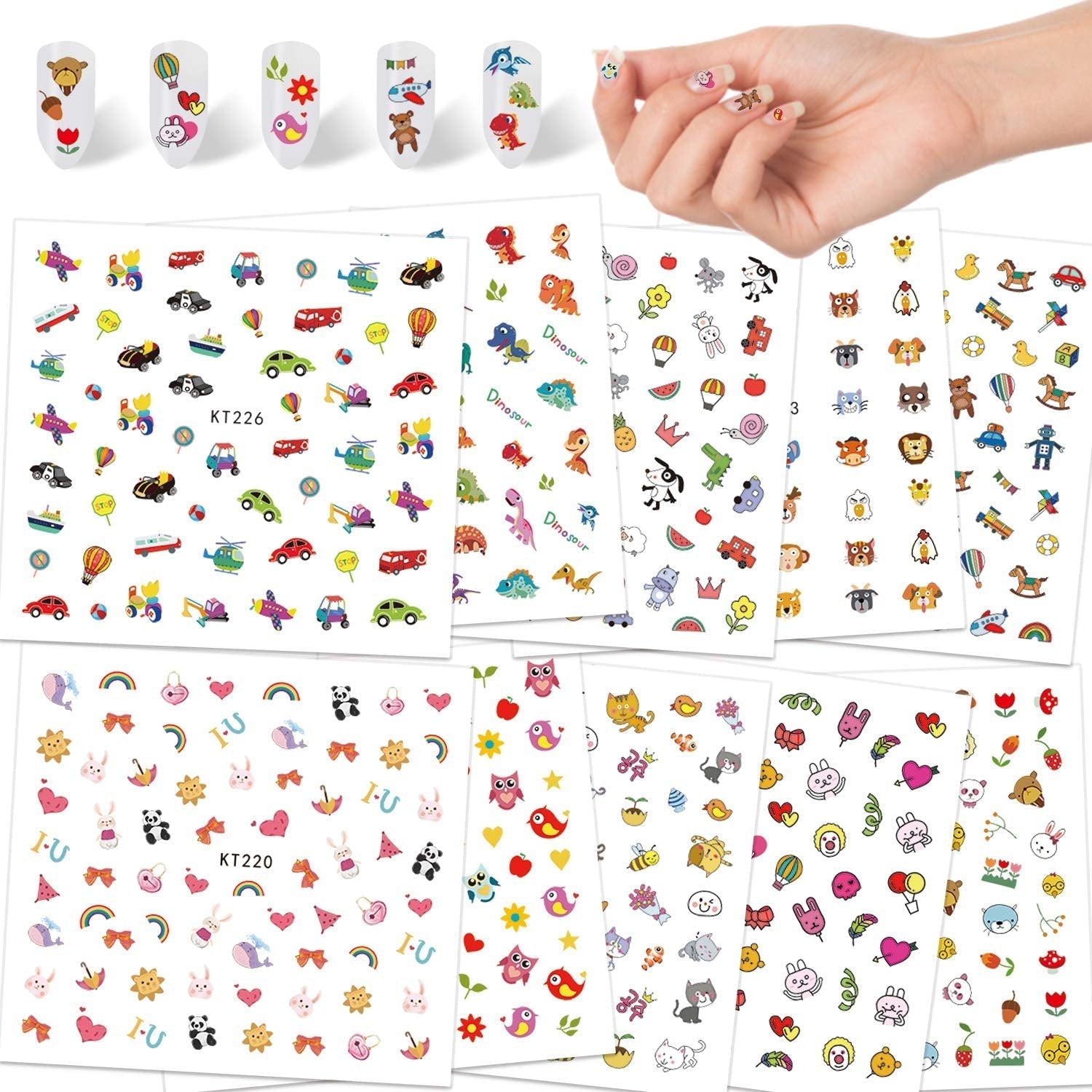 Adesivi per unghie per bambine e ragazze Oltre 600 disegni Animali Frutta Dinosauri Automobili Fiori Adesivi per unghie autoadesivi 3D per bambini Festa di compleanno Tè Salone di bellezza e regalo Spa