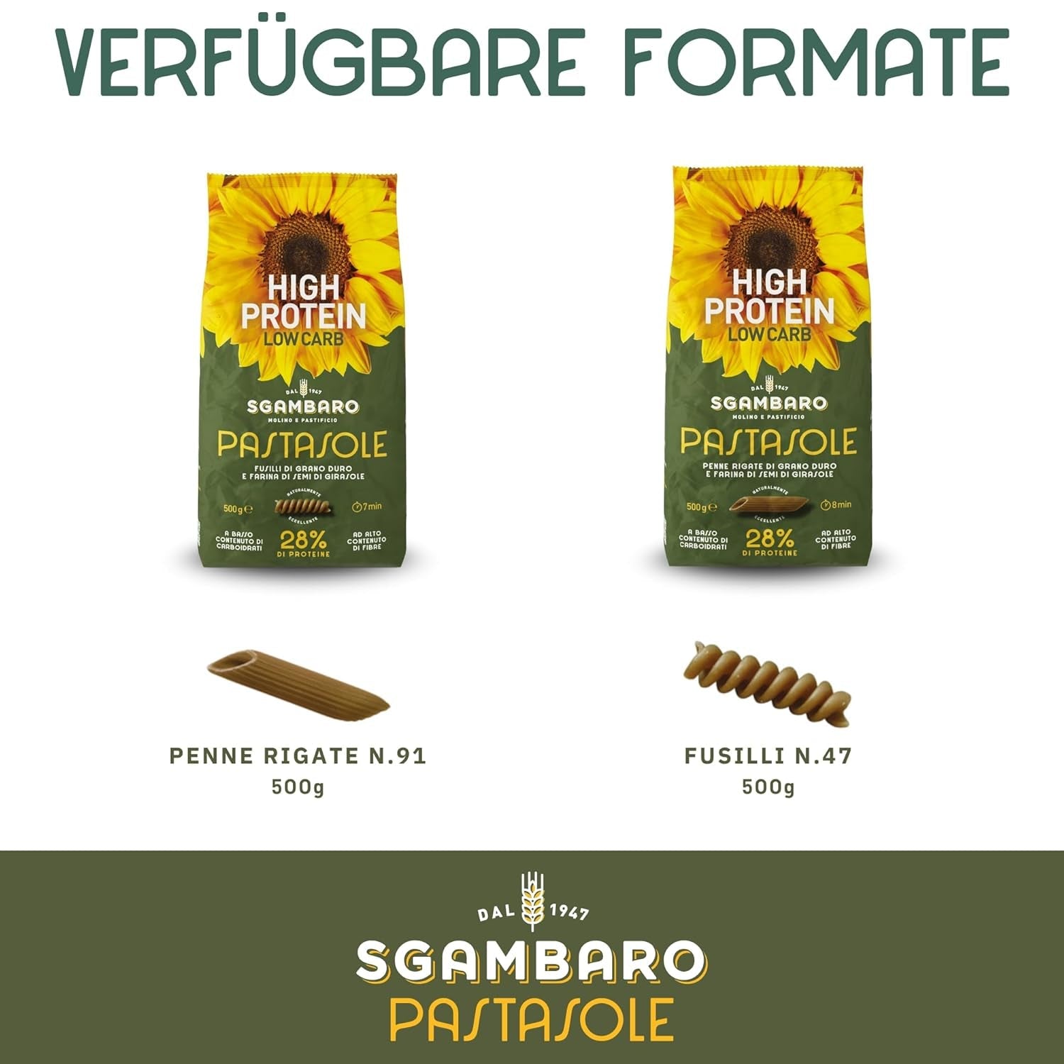PASTASOLE , Penne Rigate con Hartweizengrieß aus 100% italienischem Anbau und Sonnenblumenkernmehl - 500g - High Protein, Low Carb, Hoher Ballaststoffgehalt