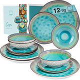 SANGER | Piatti Capri Servizio da tavola da 12 pezzi Servizio da tavola in gres per 4 persone, compresi piatti piani, piatti da dessert e piatti Suma Servizio da tavola turchese fatto a mano con bordo grigio | LA COLLEZIONE PREMIUM