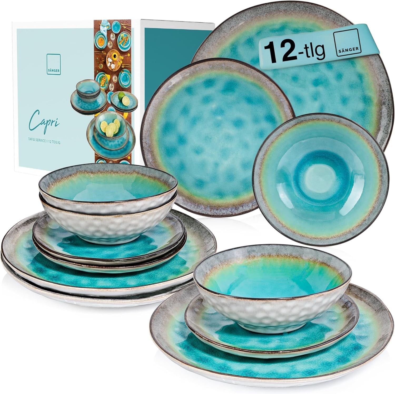 SANGER | Piatti Capri Servizio da tavola da 12 pezzi Servizio da tavola in gres per 4 persone, compresi piatti piani, piatti da dessert e piatti Suma Servizio da tavola turchese fatto a mano con bordo grigio | LA COLLEZIONE PREMIUM
