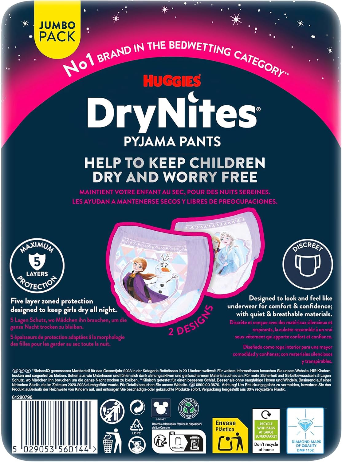 Huggies DryNites Pannolini notturni super assorbenti per ragazze 3-4 anni (12-21 kg) 4 x 16 conteggi (64 conteggi totali) Confezione mensile di mutandine