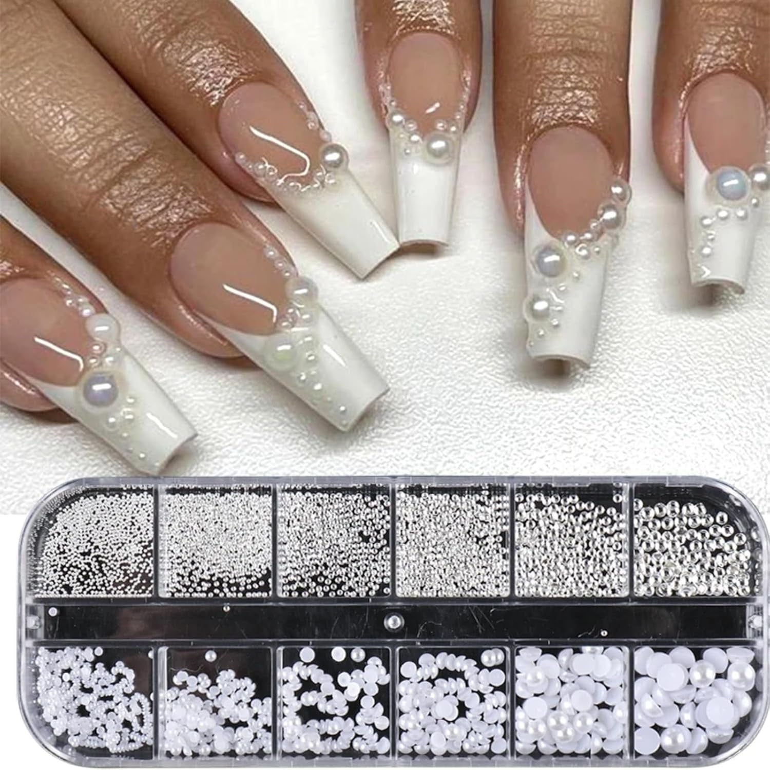 GZSY Nail Art Strasssteine ​​​​Nagel Perle Weiß 12Raster Nagel Charms Nageldesign Zubehör Perle Nail Art