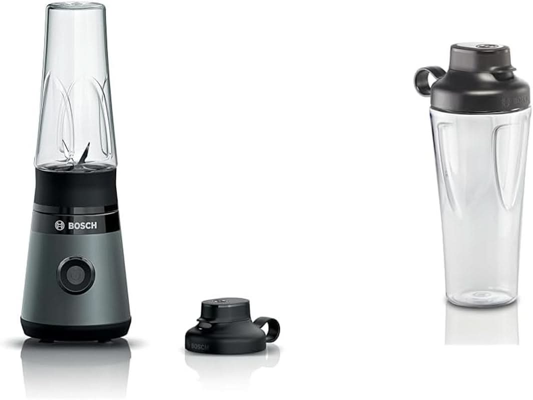 Bosch Mini-Flasche Vitapower Serie 2 MMB2111S, Mixer ad alta velocità, Bis Zu 40.000 giri/min, Tritan Togo-Flasche 0,6 L, Trinkdeckel, Bruchsicher, Spülmasch.Geeignete Teile, 450W, Argento/Schwarz Kitchen Naty Shop Bundle Mit Togo-Flasche Silber / Schwarz