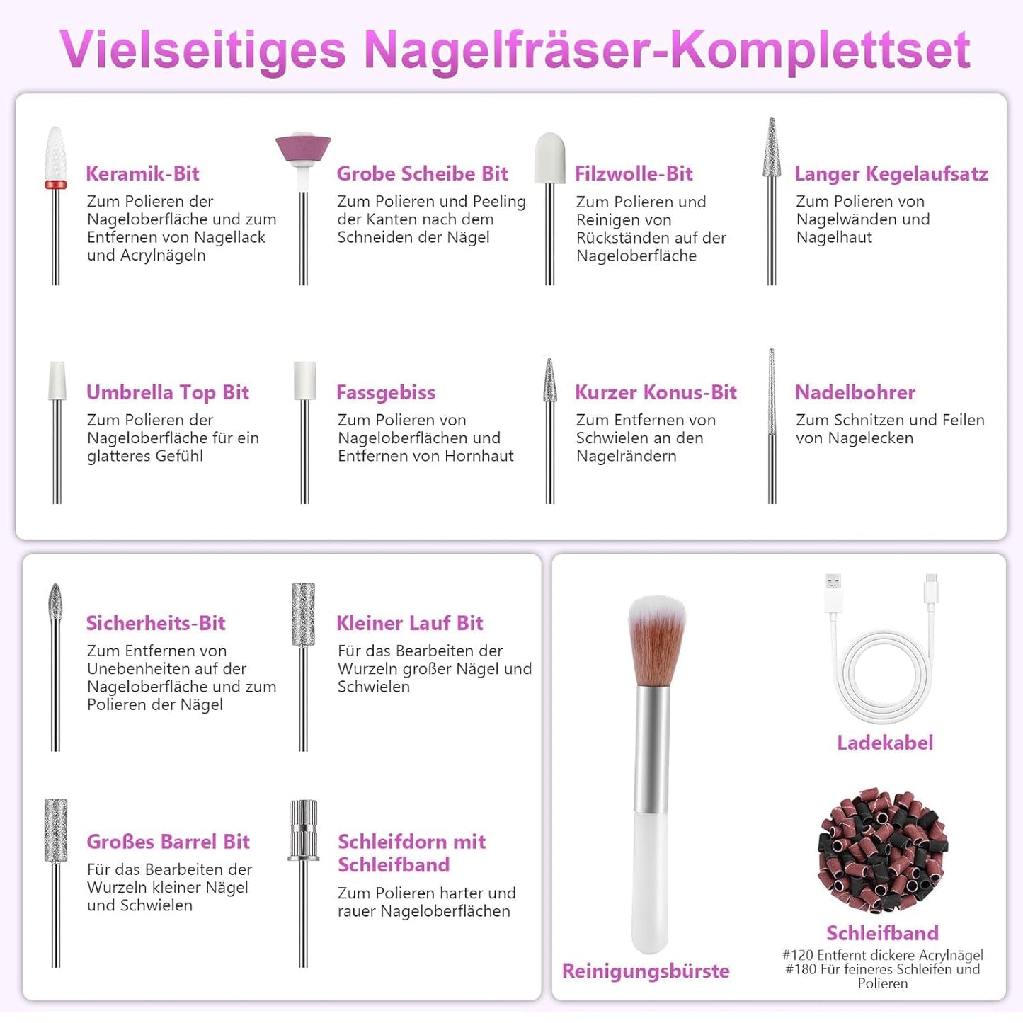 Lima per unghie elettrica senza fili - 35000 giri/min per unghie in gel, lima per unghie professionale e acrilica 12 in 1, set per manicure e pedicure a 5 velocità