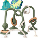 JUMBLE JANGLE Anello per la dentizione del bambino: Giocattolo per la dentizione del bambino 3-24 mesi | Set di 7 giocattoli da masticare senza BPA | Anello da dentizione in silicone rinfrescante | Giocattolo per bambini con ventosa per seggiolone, tavolo e vasca da bagno