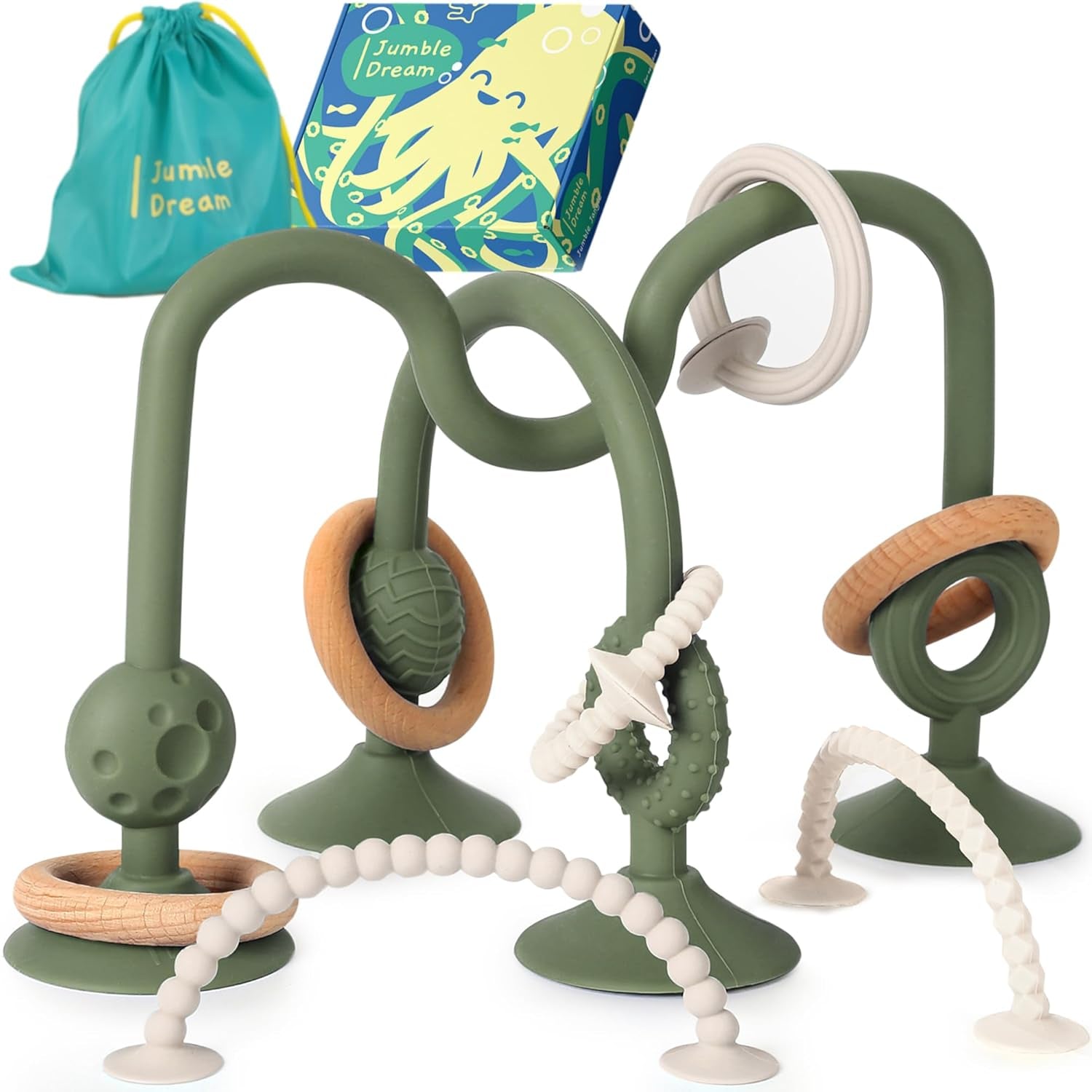 JUMBLE JANGLE Anello per la dentizione del bambino: Giocattolo per la dentizione del bambino 3-24 mesi | Set di 7 giocattoli da masticare senza BPA | Anello da dentizione in silicone rinfrescante | Giocattolo per bambini con ventosa per seggiolone, tavolo e vasca da bagno