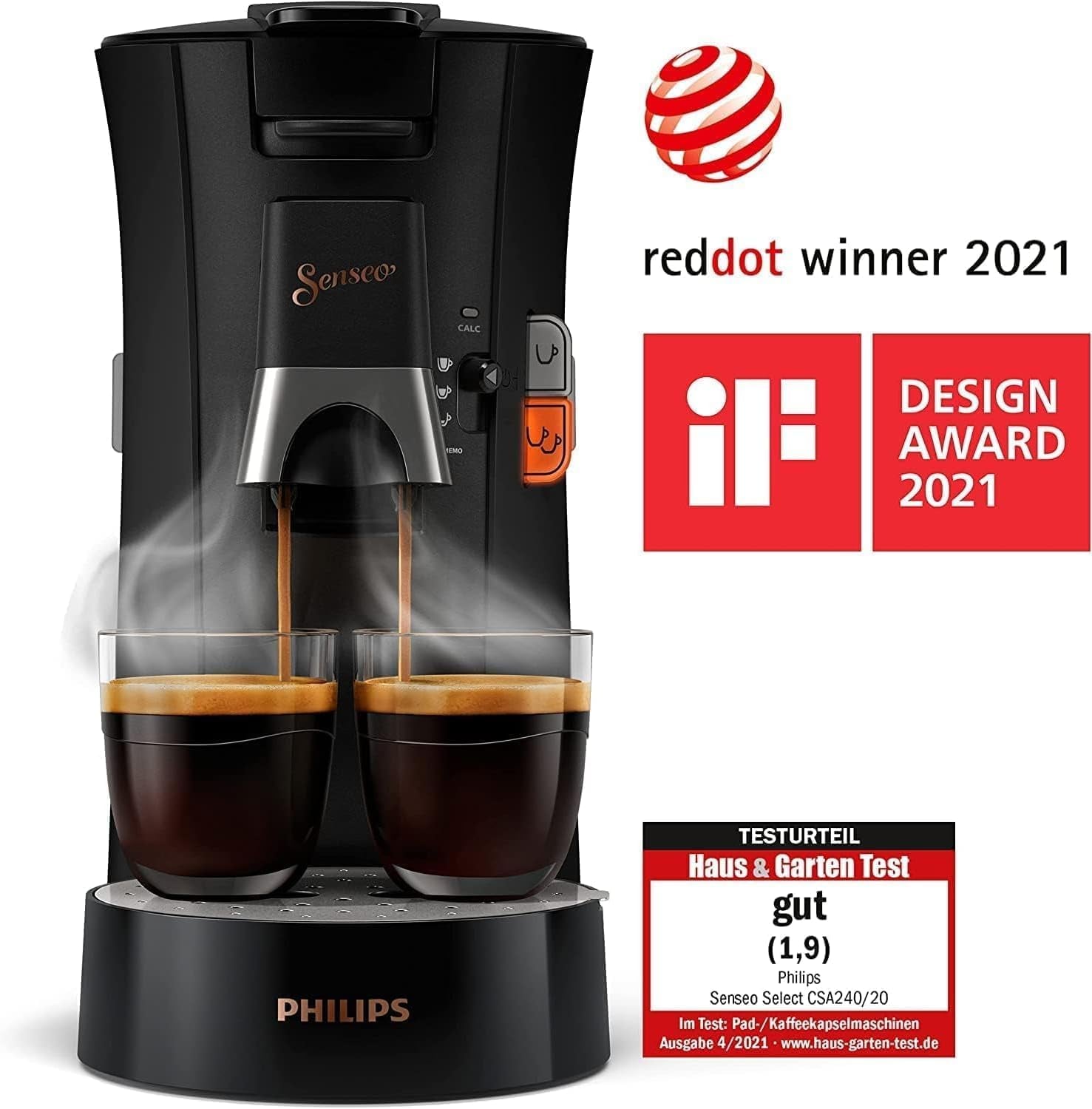 Macchina per caffè espresso a capsule PHILIPS Senseo Select con selezione dell'intensità del caffè e funzione memory, realizzata in plastica riciclata, colore: nero (CSA240/60)