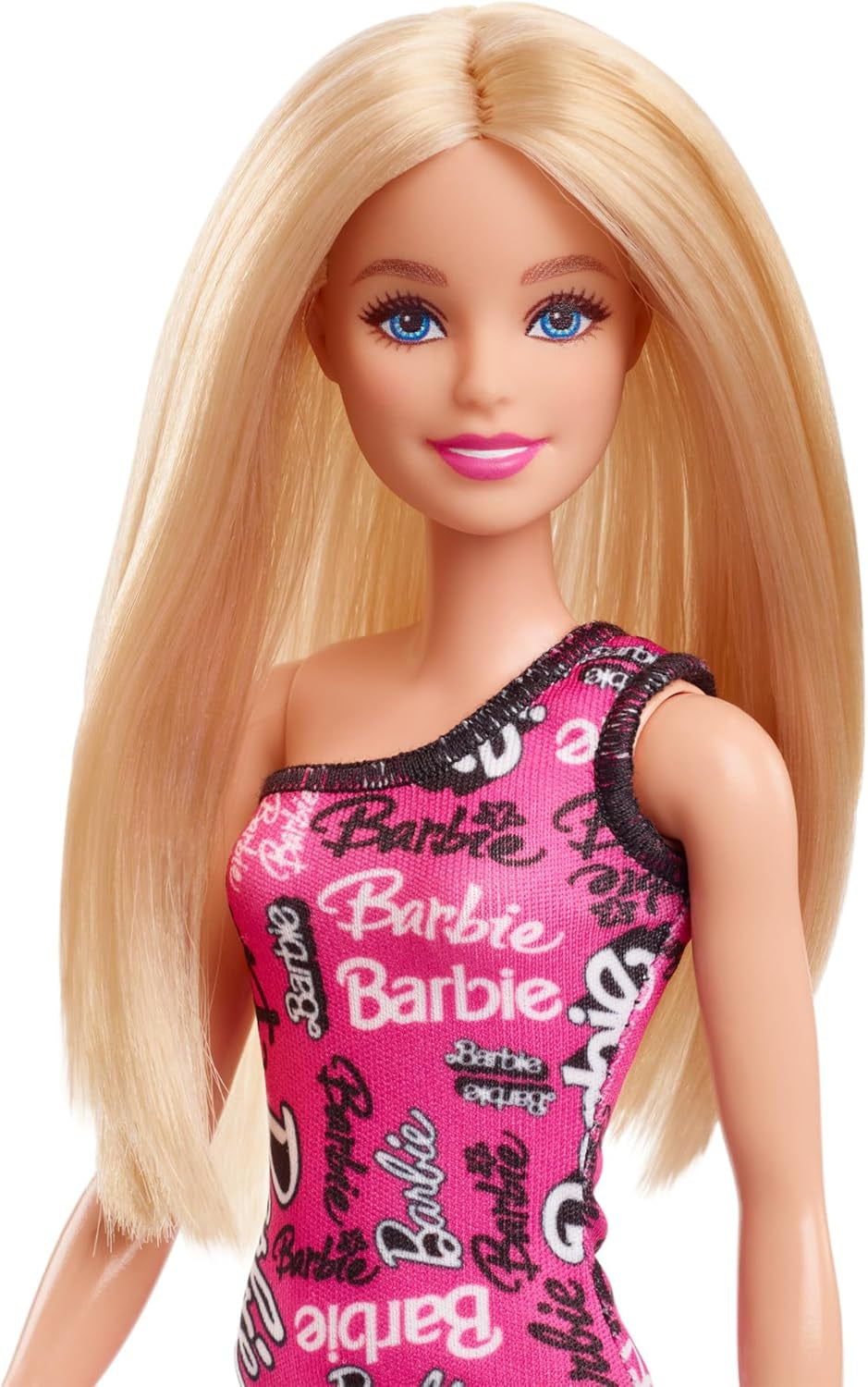 Bambola Barbie alla moda con capelli biondi lisci, abito rosa monospalla staccabile e scarpe con logo stampato, HRH07