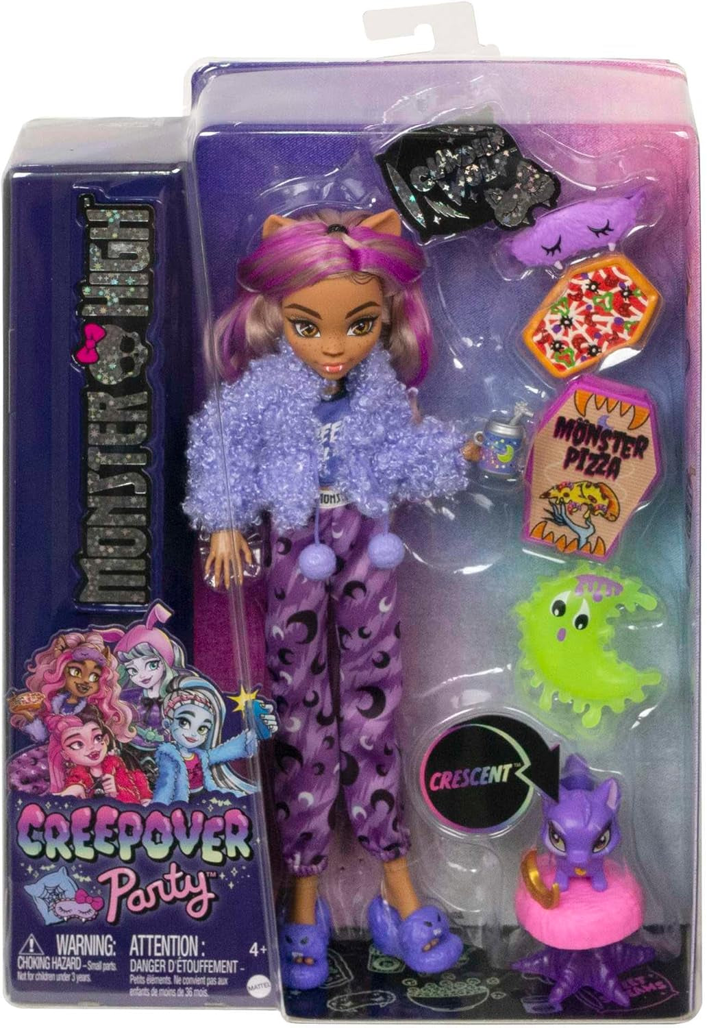 MONSTER HIGH Accessori per bambole e pigiama party, bambola Clawdeen Lupo con gatto domestico, mezzaluna, festa Creepover, HKY67