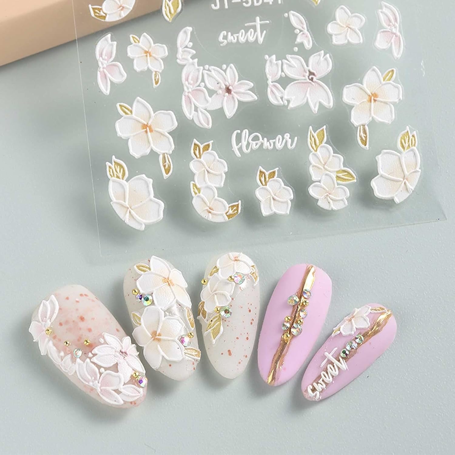 JMEOWIO 3D Nagelsticker Frühling Blume Nail Art Sticker Selbstklebend Nagelaufkleber 5D Stereoscopic Buntes Sommer Blumen Dekoration Nageldesign Zubehör 4 Blatt