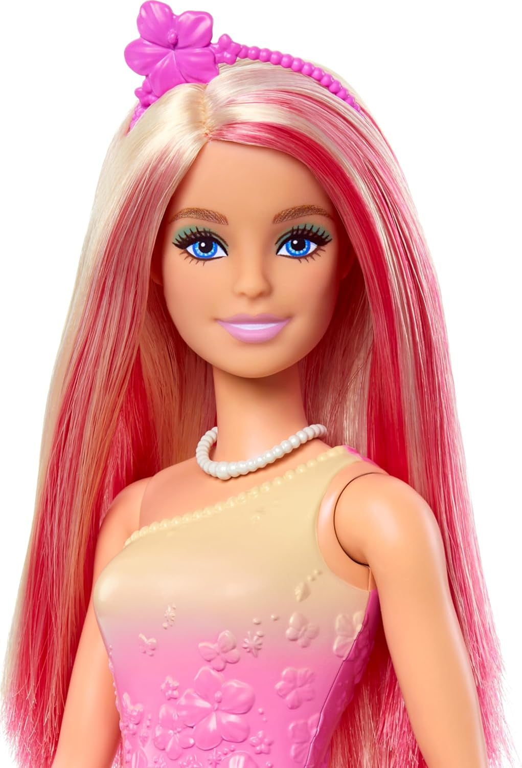 Barbie Reale con Capelli Biondi e Rosa, Accessori Colorati, Top Rosa Sfumato e Gonna a Farfalla, HRR08 Naty Shop Dolls