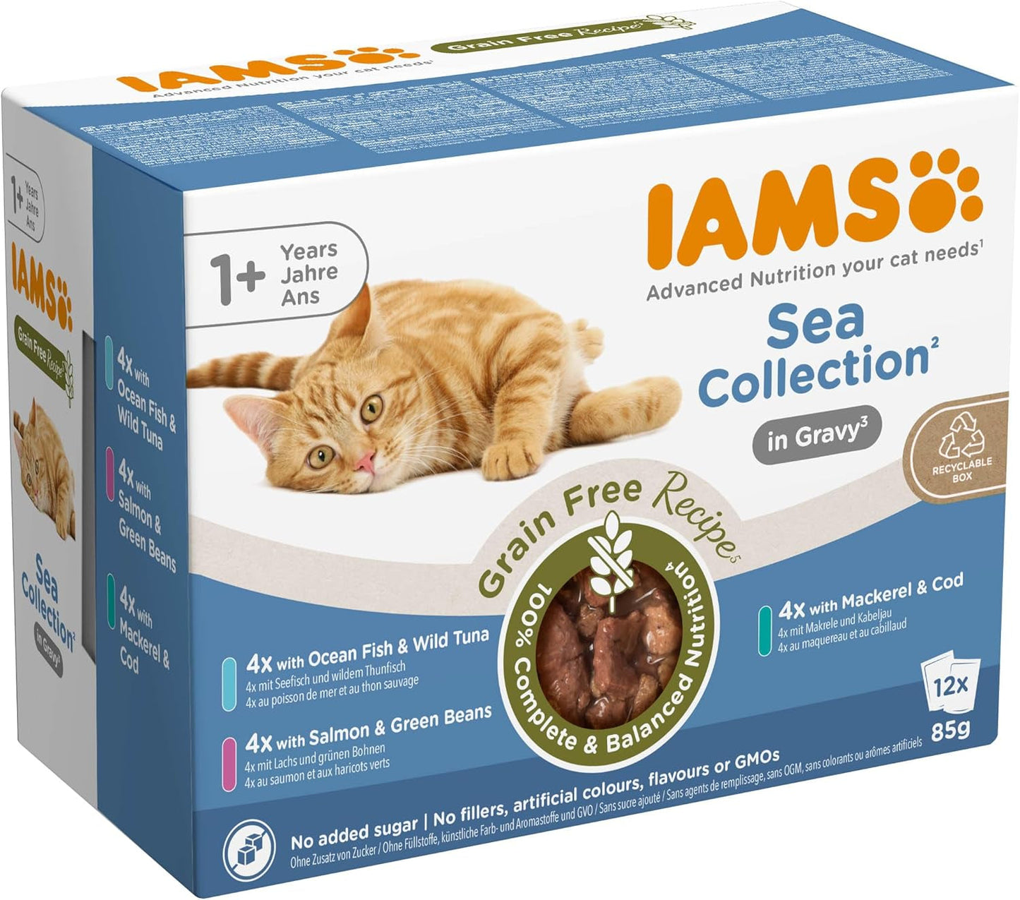 IAMS Delights Sea Collection Cibo umido per gatti senza cereali - Confezione multipla con varietà di pesce in salsa, cibo umido senza cereali per gatti a partire da 1 anno, 12 x 85 g