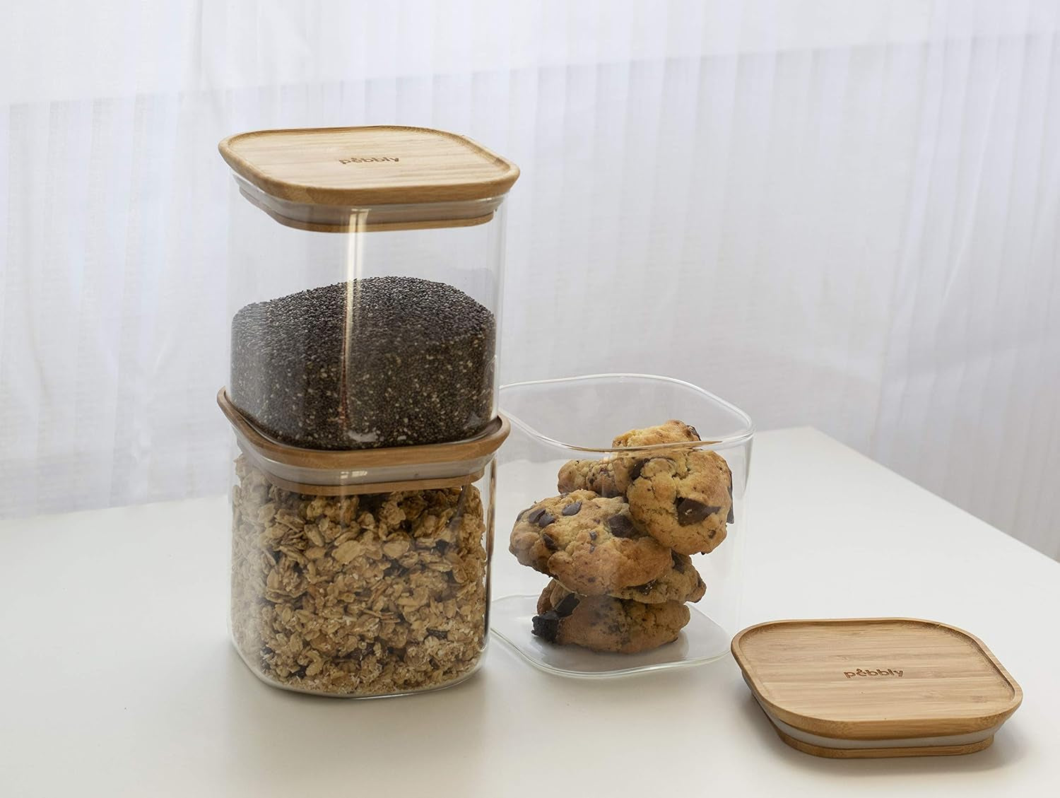 Set 3 contenitori quadrati in vetro con coperchio in bambù-800ml, vetro borosilicato, bambù, silicone, naturale, 11 x 11 x 11 cm Scatole per alimenti Naty Shop