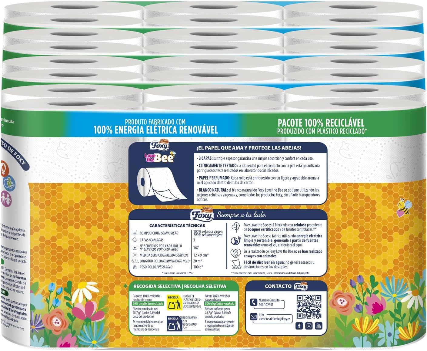 Adoro l'ape | Carta igienica 3 veli | 48 rotoli | 167 servizi in catalogo | Certificato FSC | Elettricità rinnovabile al 100% | Imballaggio riciclabile realizzato con plastica riciclata
