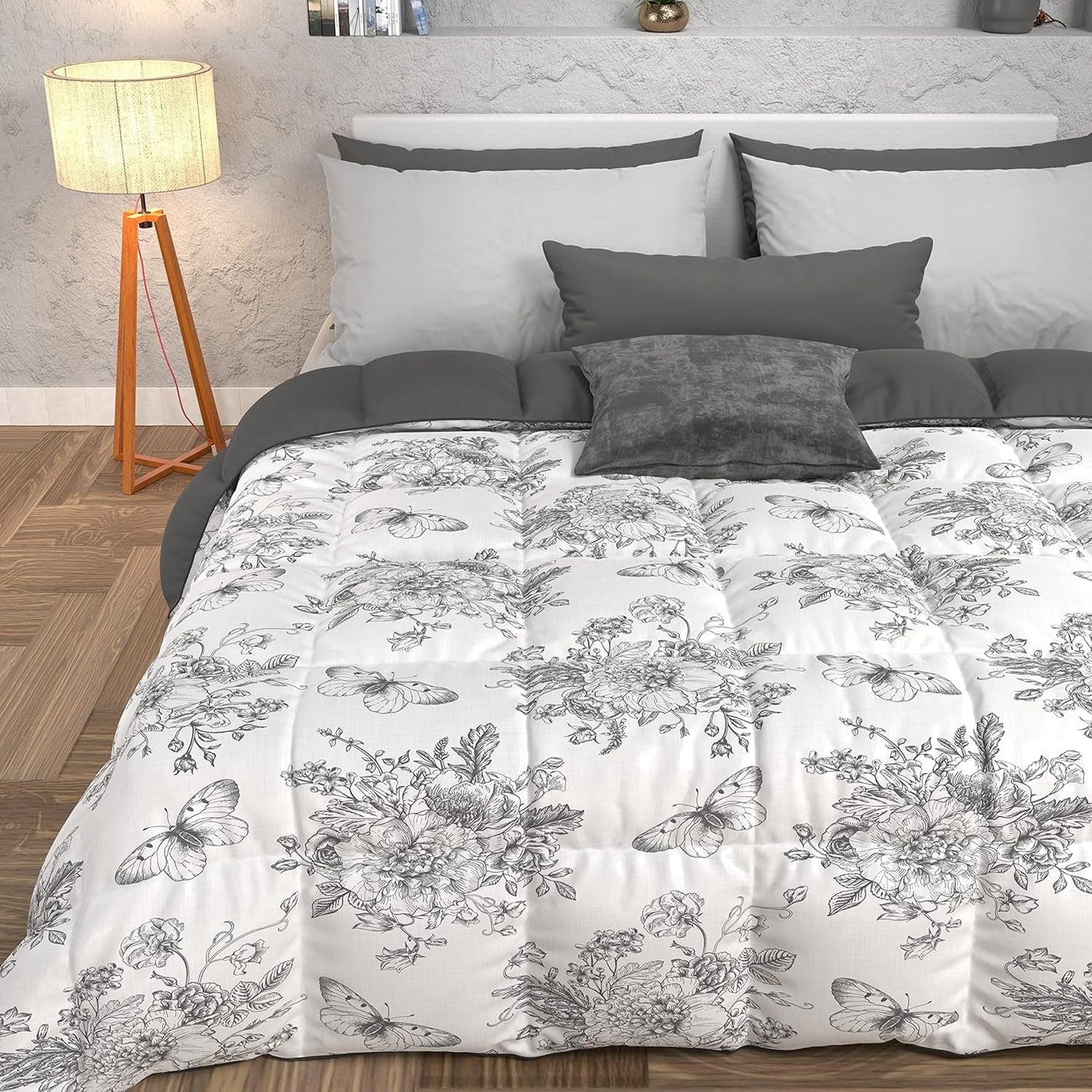 PETTI Artigiani Italiani - Trapunta invernale, Trapunta invernale, Trapunta semplice, Double face, Stampa monocolore e digitale, Microfibra anallergica 100% Made in Italy Trapunte e piumini Naty Shop Botanic 03 Grigio Letto singolo