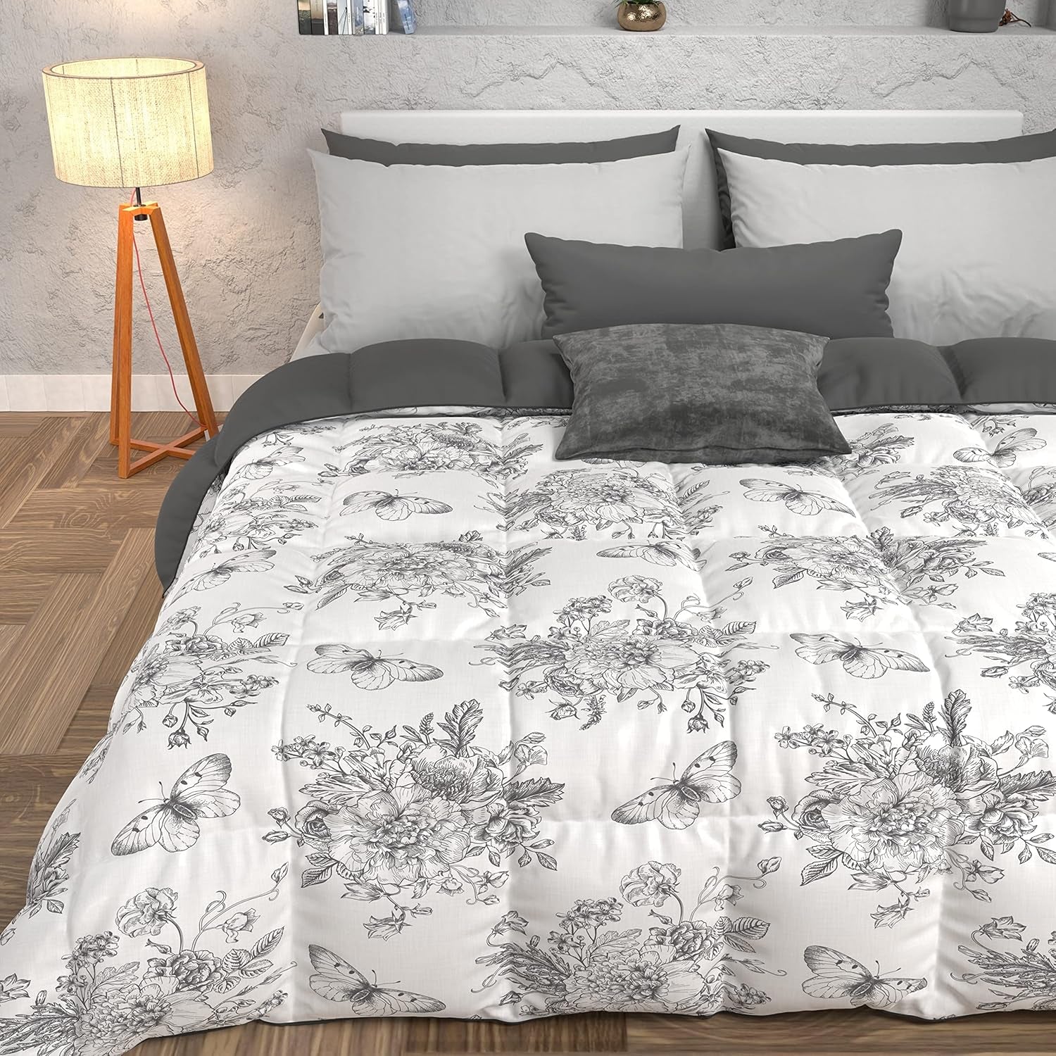 PETTI Artigiani Italiani - Trapunta invernale, Trapunta invernale, Trapunta semplice, Double face, Stampa monocolore e digitale, Microfibra anallergica 100% Made in Italy Trapunte e piumini Naty Shop Botanic 03 Grigio Letto singolo