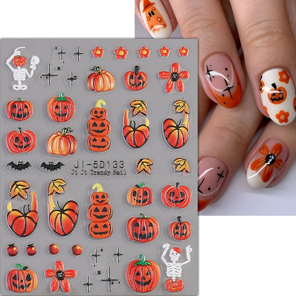 JMEOWIO 3D Nagelsticker Halloween Nail Art Sticker Self-klebend Nagelaufkleber 5D Stereoscopico Süßer Geisterkürbis Dekoration Nageldesign Zubehör 4 Blatt