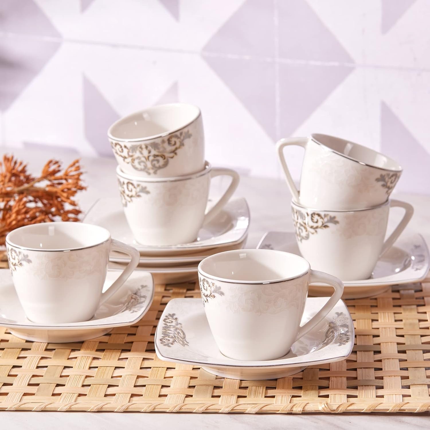 KARACA Set di tazze da caffè in porcellana Nazende - Tazze da caffè turche con piattini da 80 ml, Servizio da caffè moderno da 12 pezzi con 6 tazze da caffè e 6 piattini, Tazze da moka - Bianco