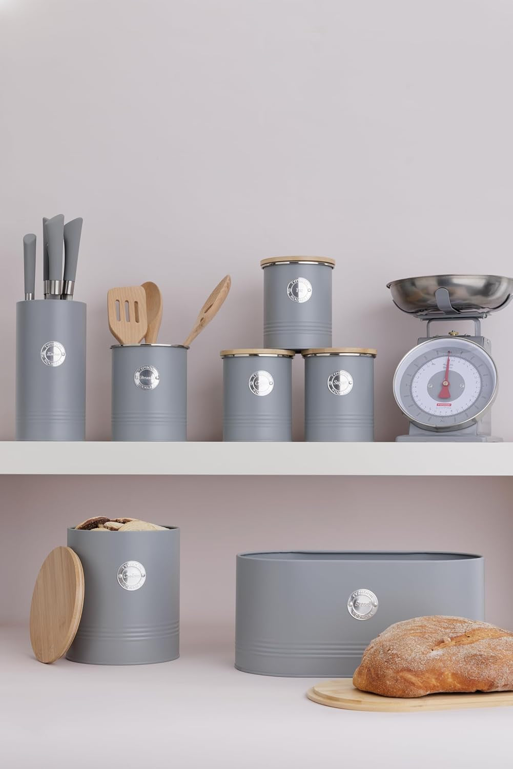 Collezione LIVING, biscottiera con coperchio | grigio pastello | Scatola per biscotti da 3,4 litri | barattolo di biscotti in acciaio con coperchio | Barattoli ermetici in bambù con coperchio Scatole per alimenti Naty Shop