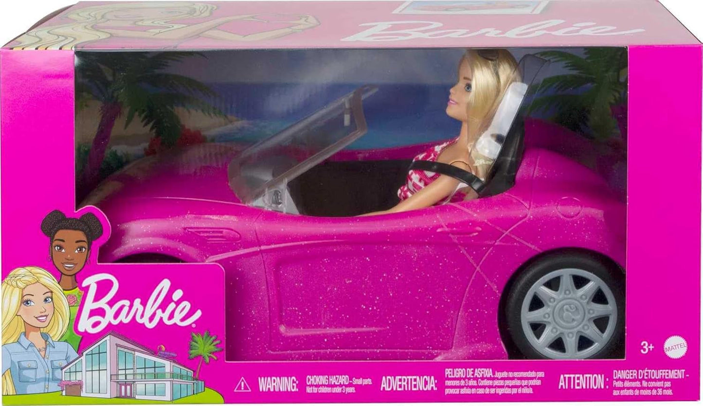 Bambola Barbie decappottabile con glitter rosa, pneumatici realistici, logo, giocattolo dai 3 anni in su, DJR55