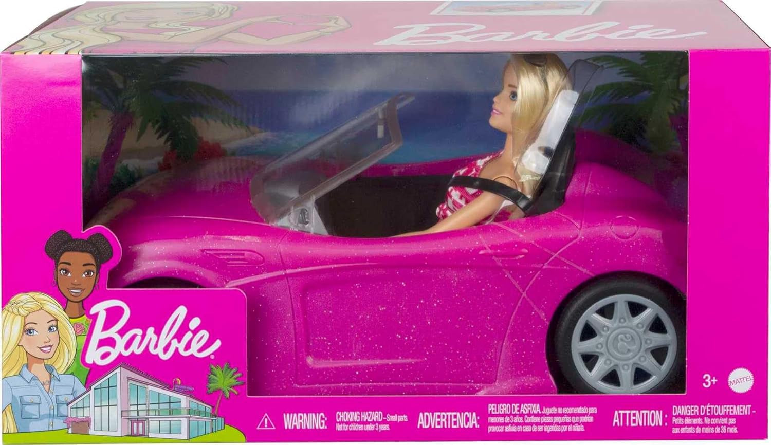 Bambola Barbie decappottabile con glitter rosa, pneumatici realistici, logo, giocattolo dai 3 anni in su, DJR55