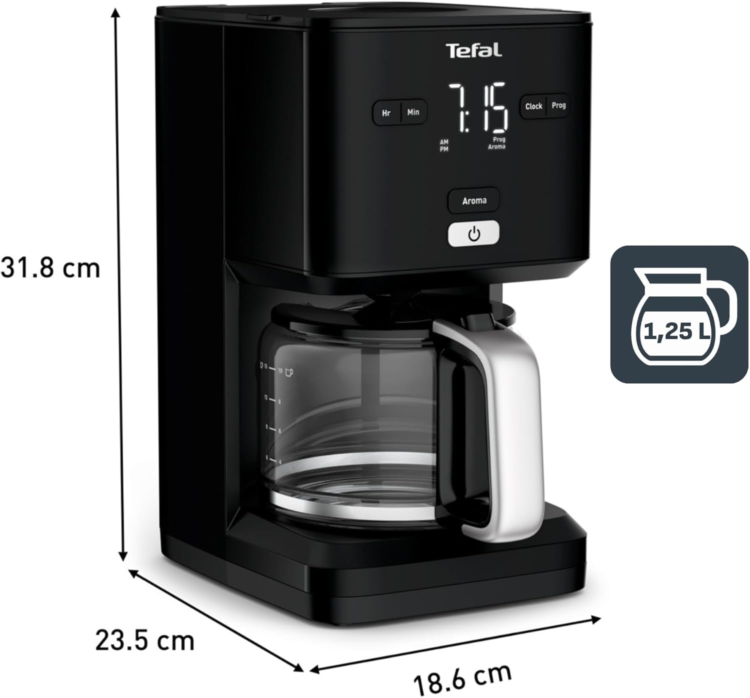 Macchina per caffè espresso Tefal Smart'n Light con timer, Macchina per caffè espresso con filtro programmabile 1,25 L, Funzione Aroma per un aroma intenso, Funzione Mantieni caldo, Antigoccia e Facile da pulire, Nero