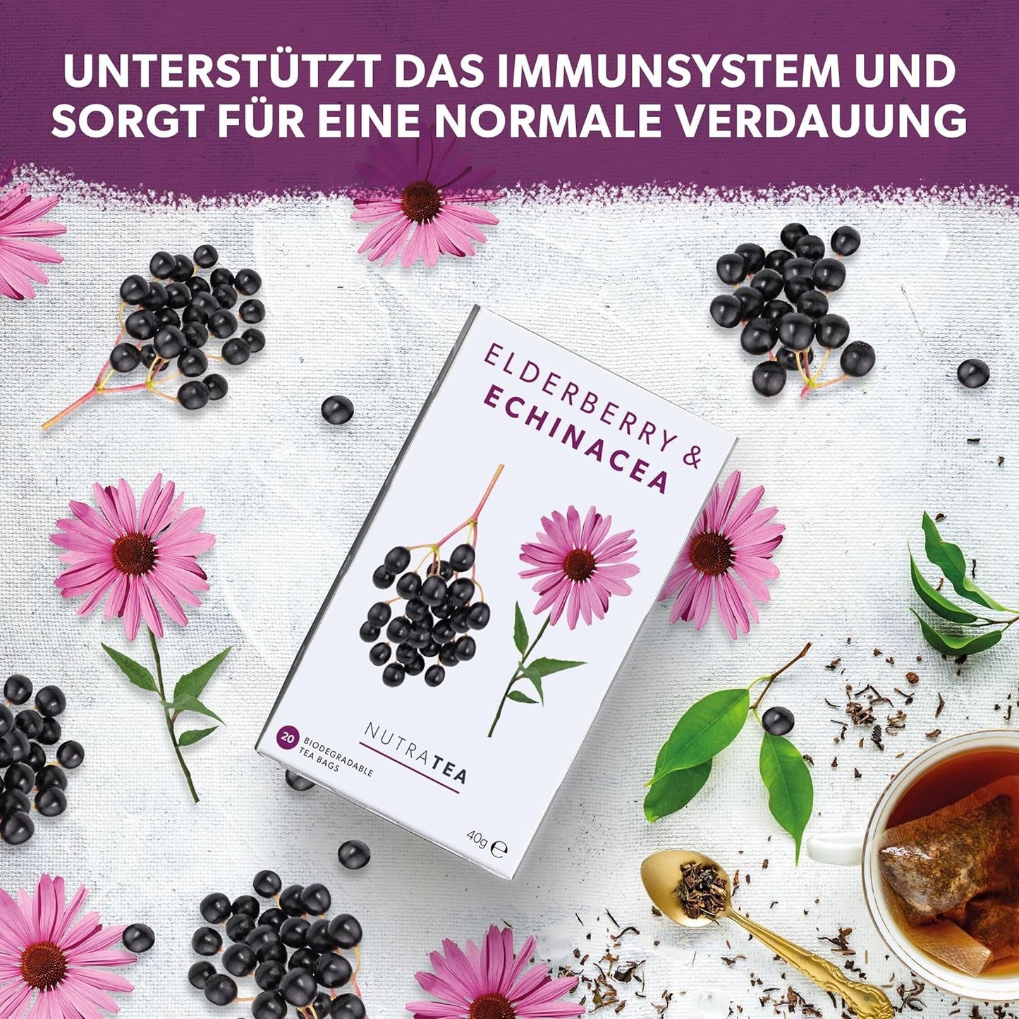 Nutra Tea Sambuco ed Echinacea, Tè per l'immunità e il raffreddore, Tè per il supporto immunitario, Lotta al freddo, 20 bustine di tè riutilizzabili, Tisana naturale