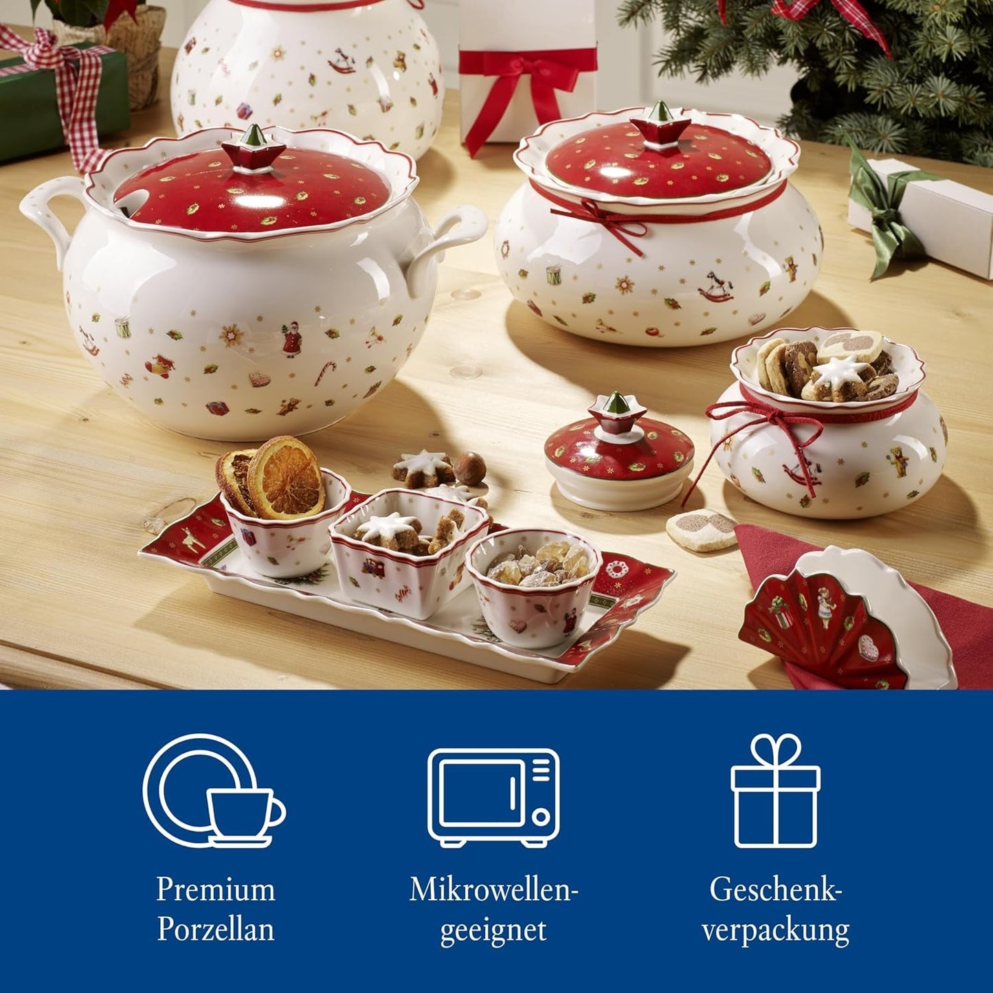 Villeroy & Boch - Toy's Delight Set per sughi, 4 pezzi, Piatto da portata con ciotole, Set di ciotole per sugo di Natale, Decorazione da tavola giocattolo, Vassoio da portata, Ciotole, Stoviglie natalizie, Porcellana Premium