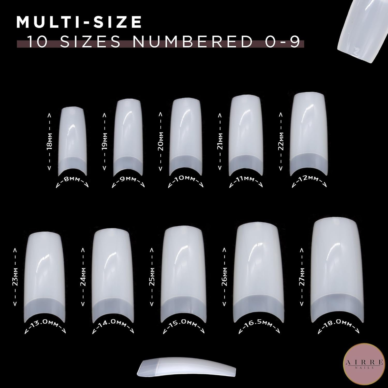 AIRRE 500 Unghie in gel professionali e 3 lime per scatola - (10 misure) Unghie finte French Half Moon, Uso in salone e a casa, Taglio, limatura e modellatura, Gel UV/LED, Smalto per unghie e Nail Art (Naturale)