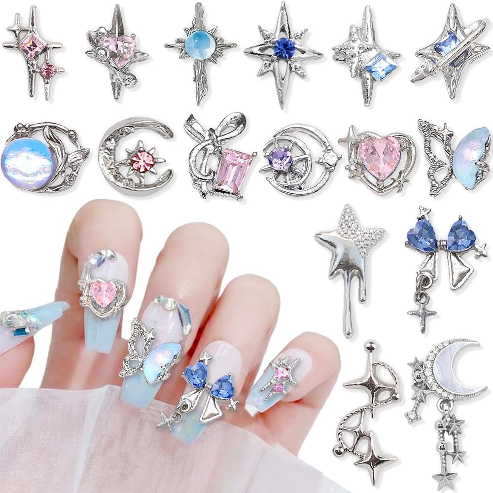 16 Stile Luxus Mond Stern Nagel Charms 3D Nail Charms Y2K Legierung Strasssteine ​​​​Bogen Schmetterling Nagel Schmuck Metall Nail Art Charms Nägel Glitzersteine ​​​​Nailart Strass Nageldesign Zubehör