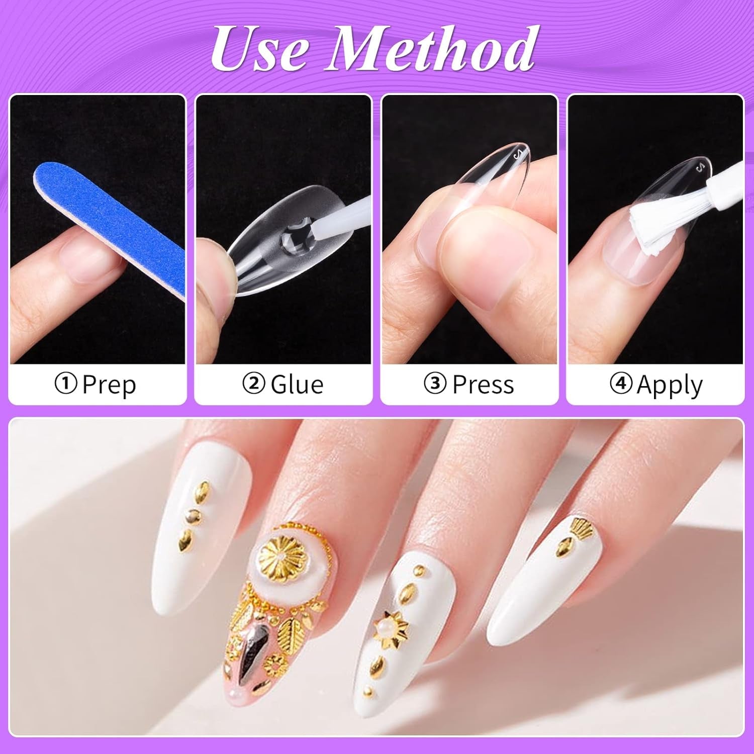 Becellen 500 punte per unghie artificiali, punte per unghie in gel morbido, copertura completa, punte per unghie in gel, unghie artificiali pre-lucidate, set di colla per nail art fai da te (mandorle)