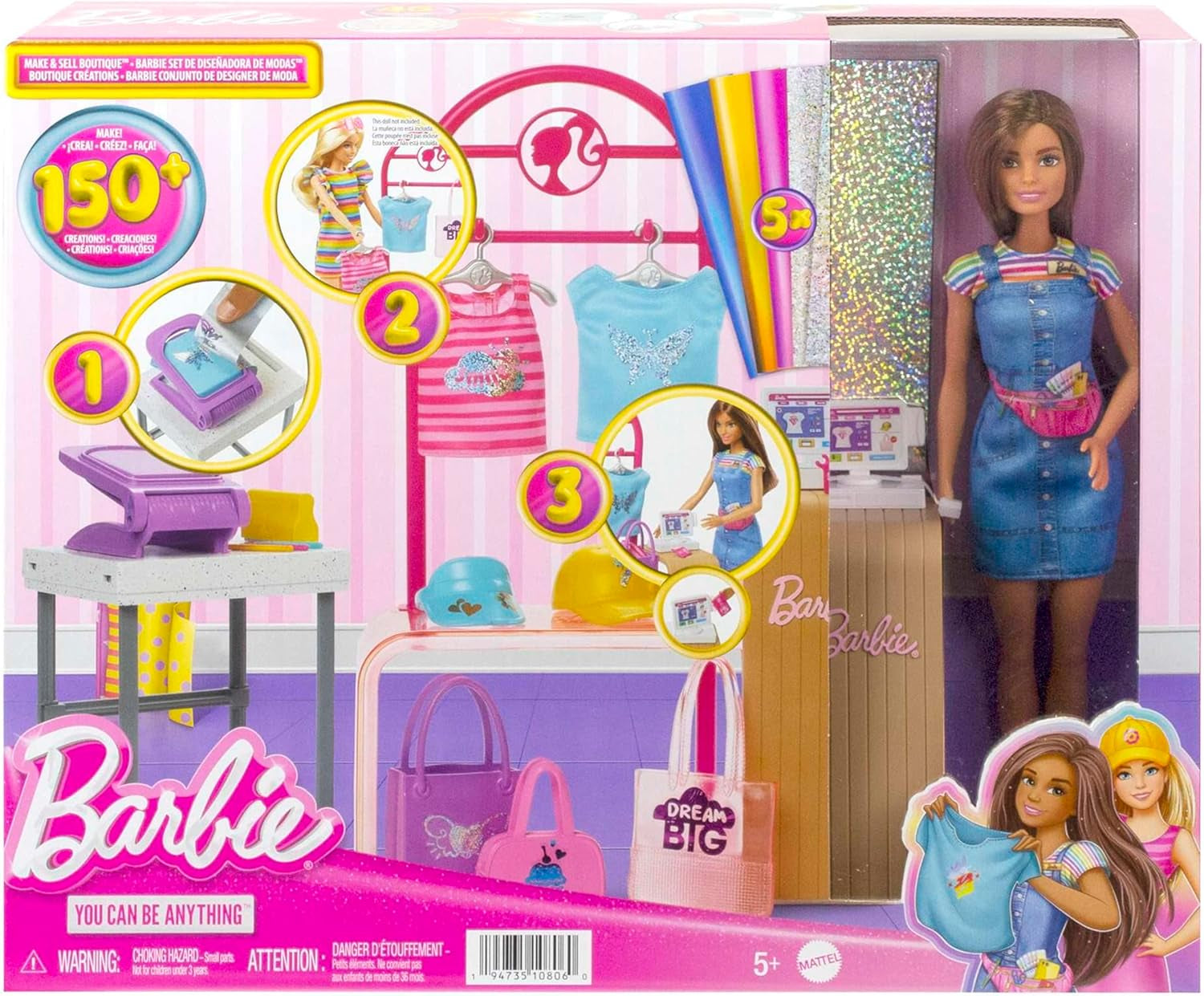 Barbie Fashion Boutique Playset - Bambola con motivi in ​​lamina, oltre 150 look originali, include 2 camicette e 5 fogli di lamina, appendiabiti e lettore di carte di credito, dai 3 anni in su, HKT78