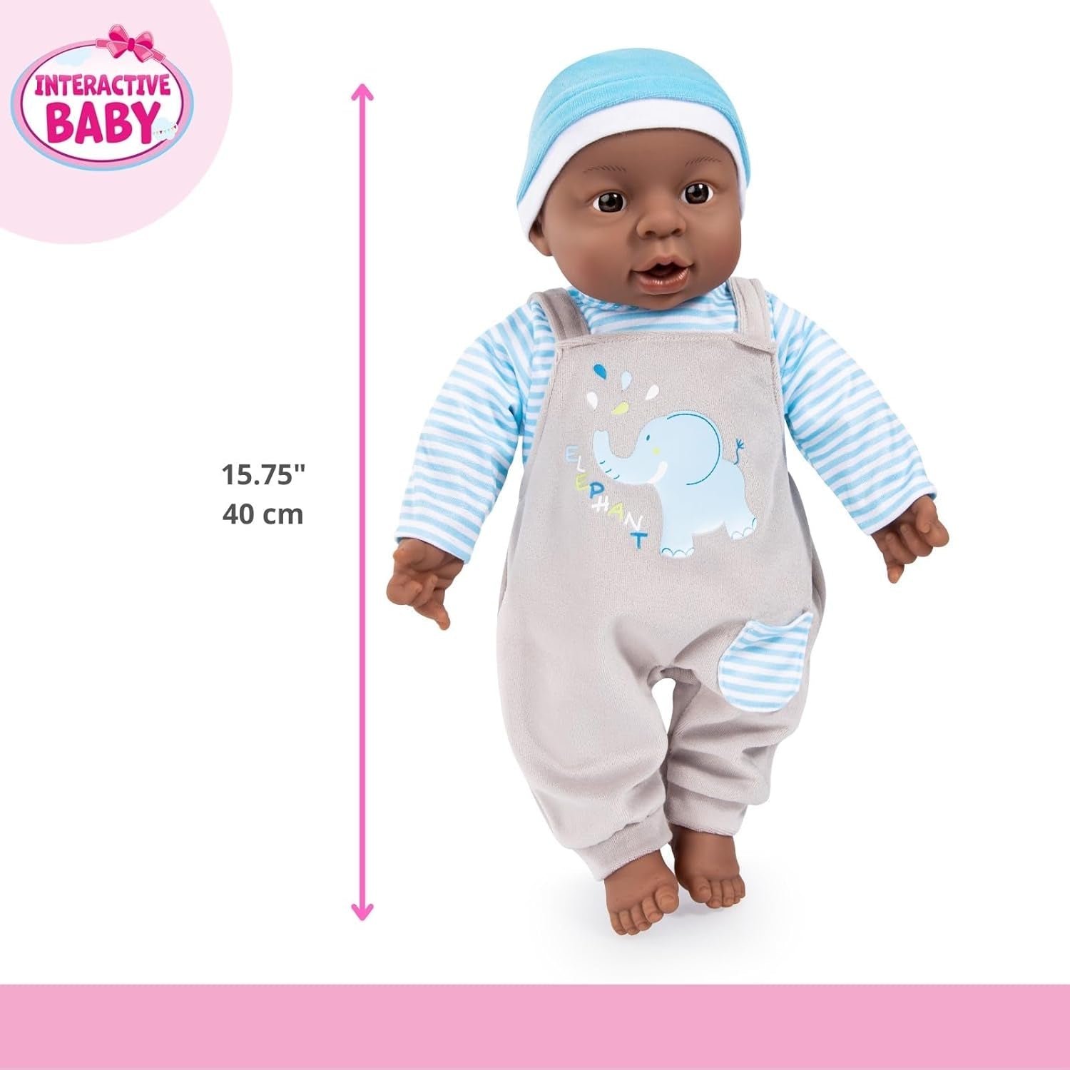 Bayer Design 94001AH Bambolina interattiva, ragazzo, parlante, corpo morbido, 40 cm, pelle scura, blu