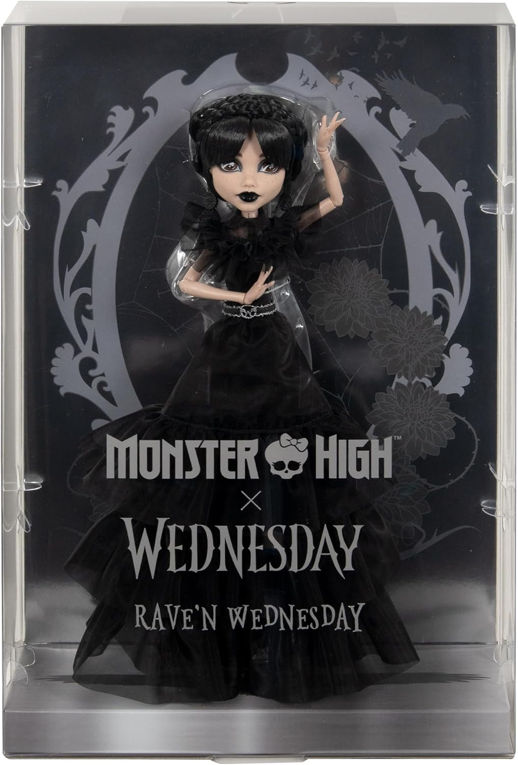 Monster High Wednesday Doll, figura da collezione Rave'N Wednesday in abito gotico nero ispirato alla scena della danza, accessori premium e supporto per bambola, HXJ03