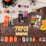 72 pezzi Unghie di Halloween Unghie finte autoadesive Unghie artificiali corte Unghie pressate autoadesive Zucca Fantasma Unghie artificiali Suggerimenti Nail Art Arancione Verde Nero
