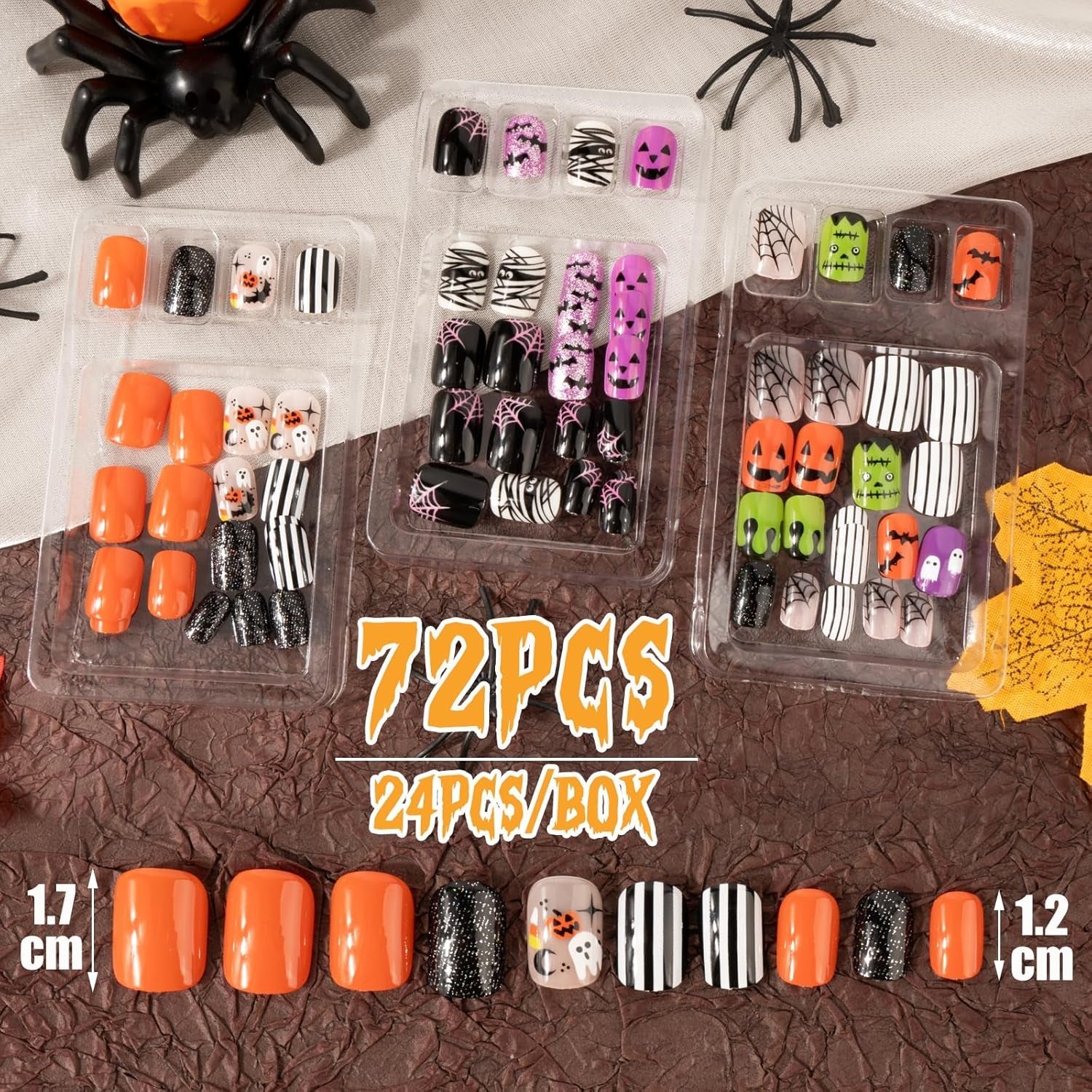 72 pezzi Unghie di Halloween Unghie finte autoadesive Unghie artificiali corte Unghie pressate autoadesive Zucca Fantasma Unghie artificiali Suggerimenti Nail Art Arancione Verde Nero