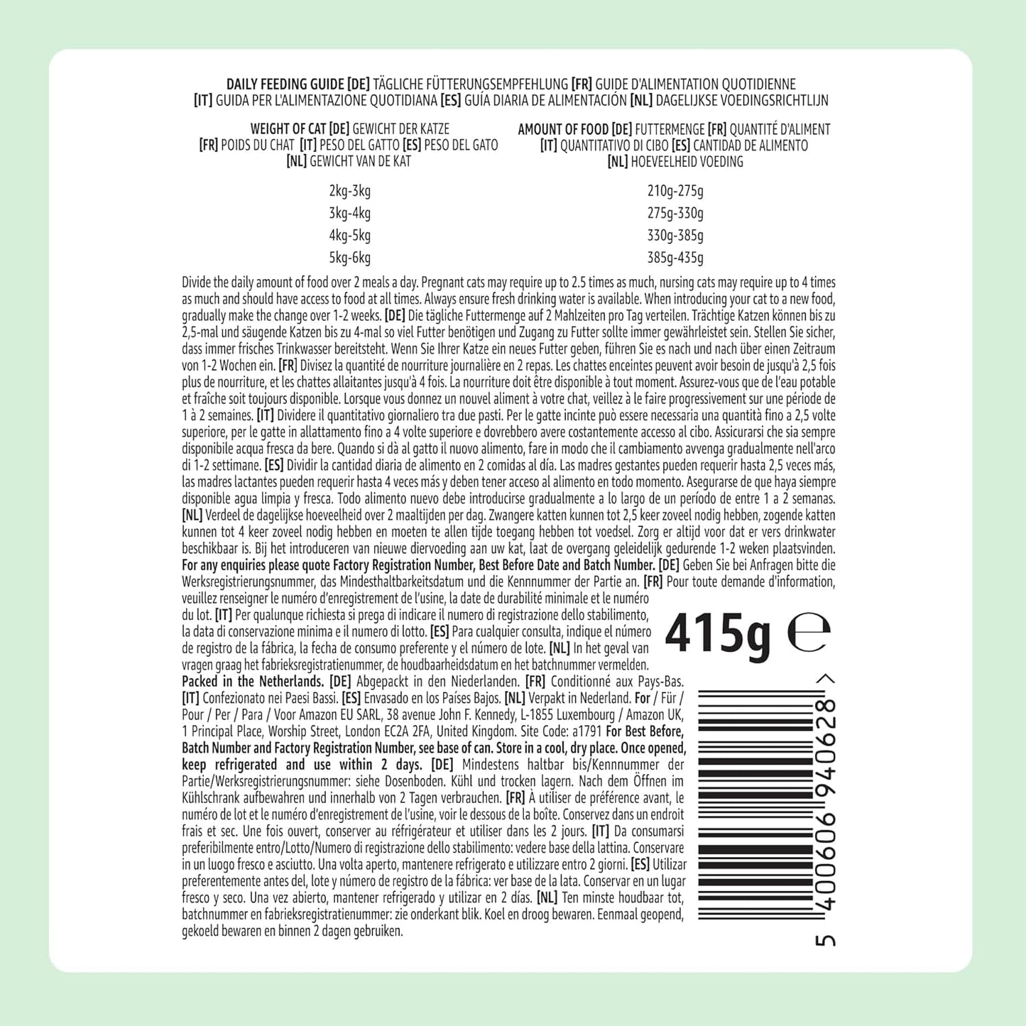 Amazon, cibo umido per gatti in scatola, pezzi di pollo in gelatina, senza cereali, 12 x 405 g
