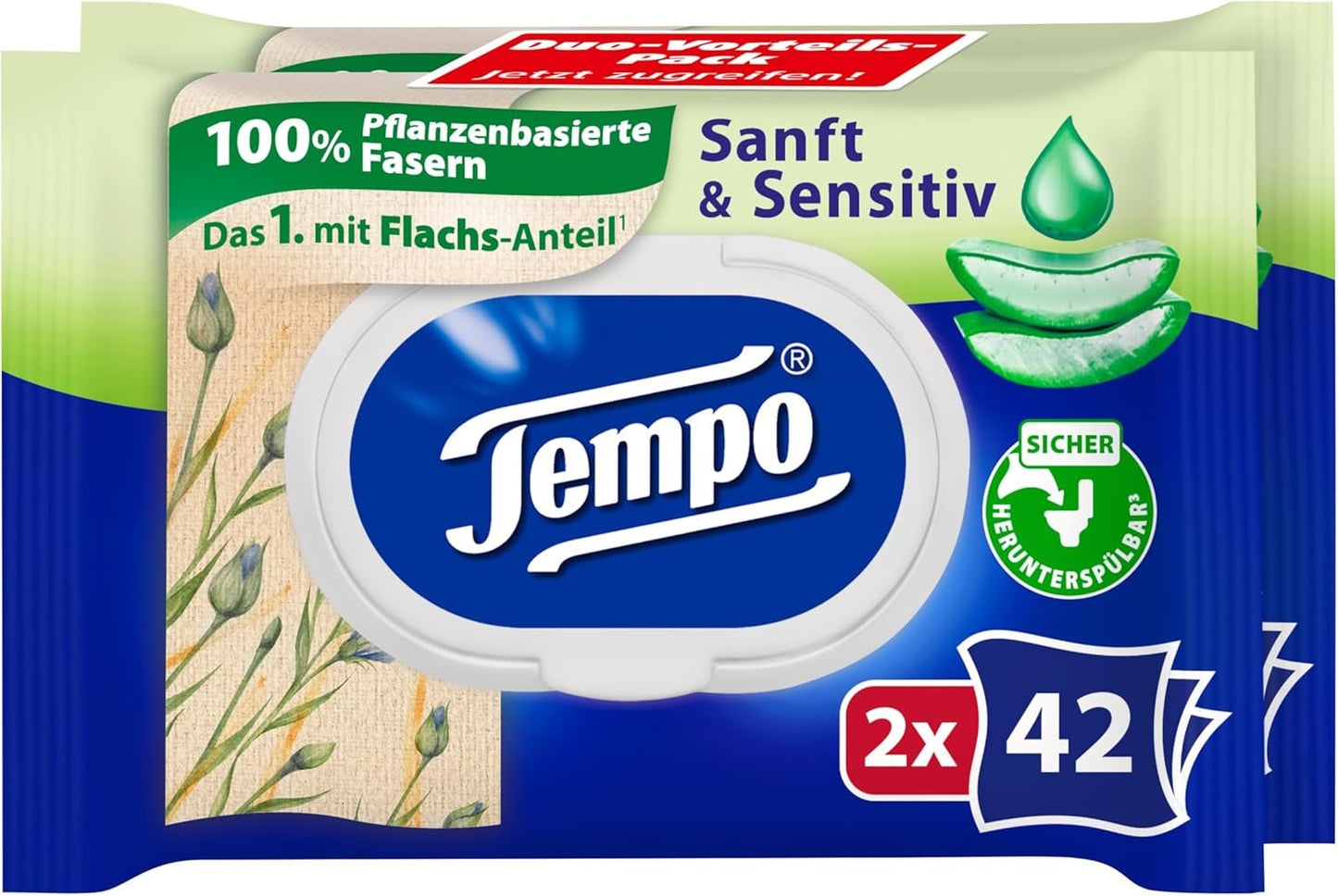 Salviette umidificate Tempo ''Gentle & Sensitive'' - Megapack - 16 confezioni da 42 salviette ciascuna - Duo Packs - Aloe Vera Naturale - Carta igienica, dermatologicamente testata, neutra sulla pelle