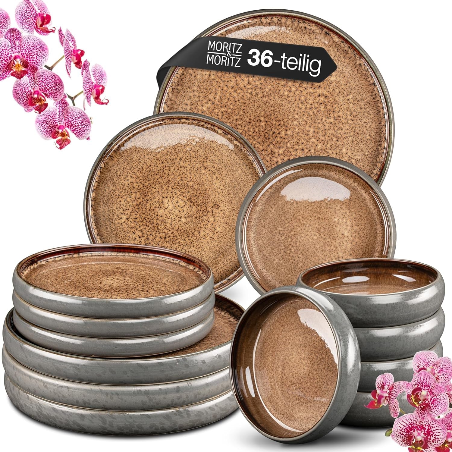 Moritz & Moritz SOLID 36-tlg Steinzeug Geschirr Set 12 Personen - Geschirrset 12 Personen aus je 12 Dinner Teller, Kleine Teller, Tiefe Teller
