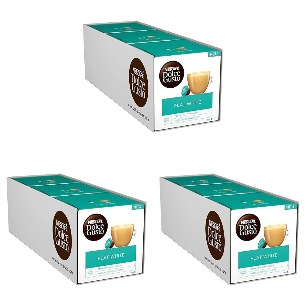 NESCAFÉ Dolce Gusto Flat White, 48 Kaffeekapseln, Arabica e Robusta Bohnen, Cremig-Milchiger Genuss, Kaffeekreation, Coffee-Shop Trend, Aromaversiegelte, Confezione da 9 (3x16 Kapseln)